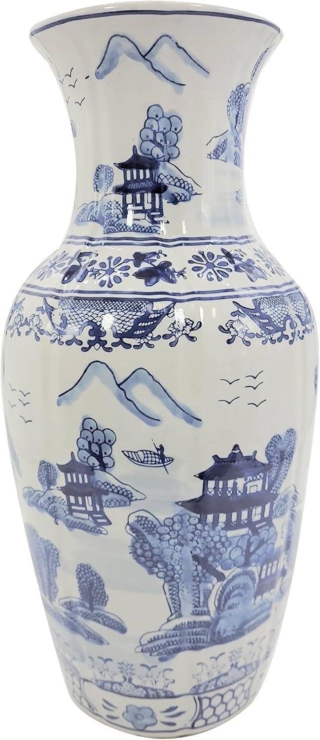 18" Blue and White Ceramic Chinoiserie Vase