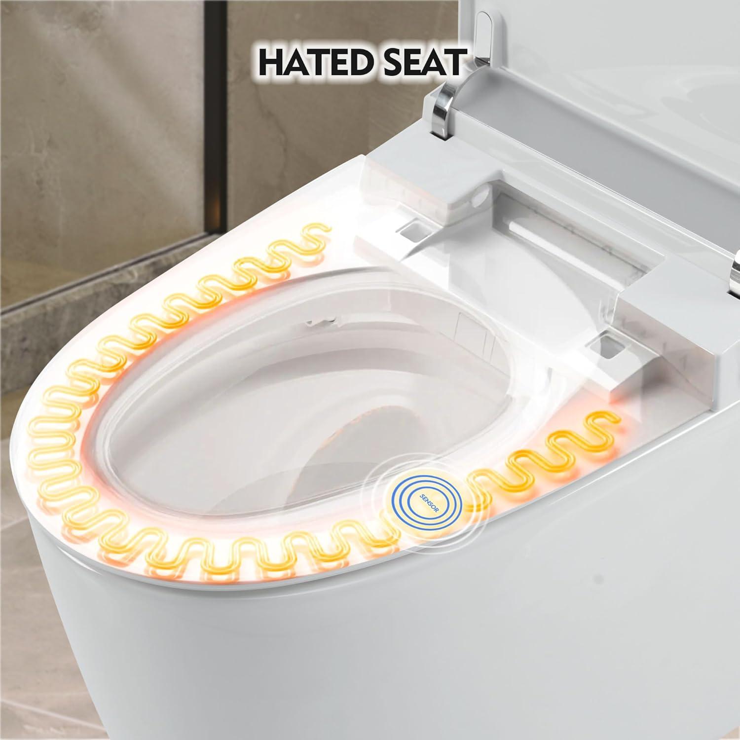 Heated Seat Smart Toilet, One Piece Toilet, Automatic Flush Tank Less Toilet Without Bidet, With Foot Sensor Flush Night Light, Knob Control, Power Outage Flushing, Soft Close Cover