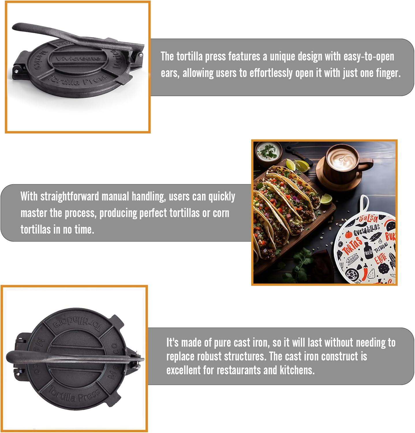 Chef Tacos Authentic Cast Iron Tortilla Press, 8 inch, Pre-Seasoned for a Flavorful, Fresh, Warm Corn or Flour Tortilla