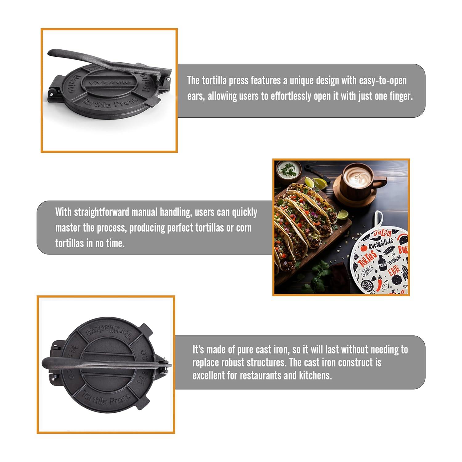 Chef Tacos Authentic Cast Iron Tortilla Press, 8 inch, Pre-Seasoned for a Flavorful, Fresh, Warm Corn or Flour Tortilla