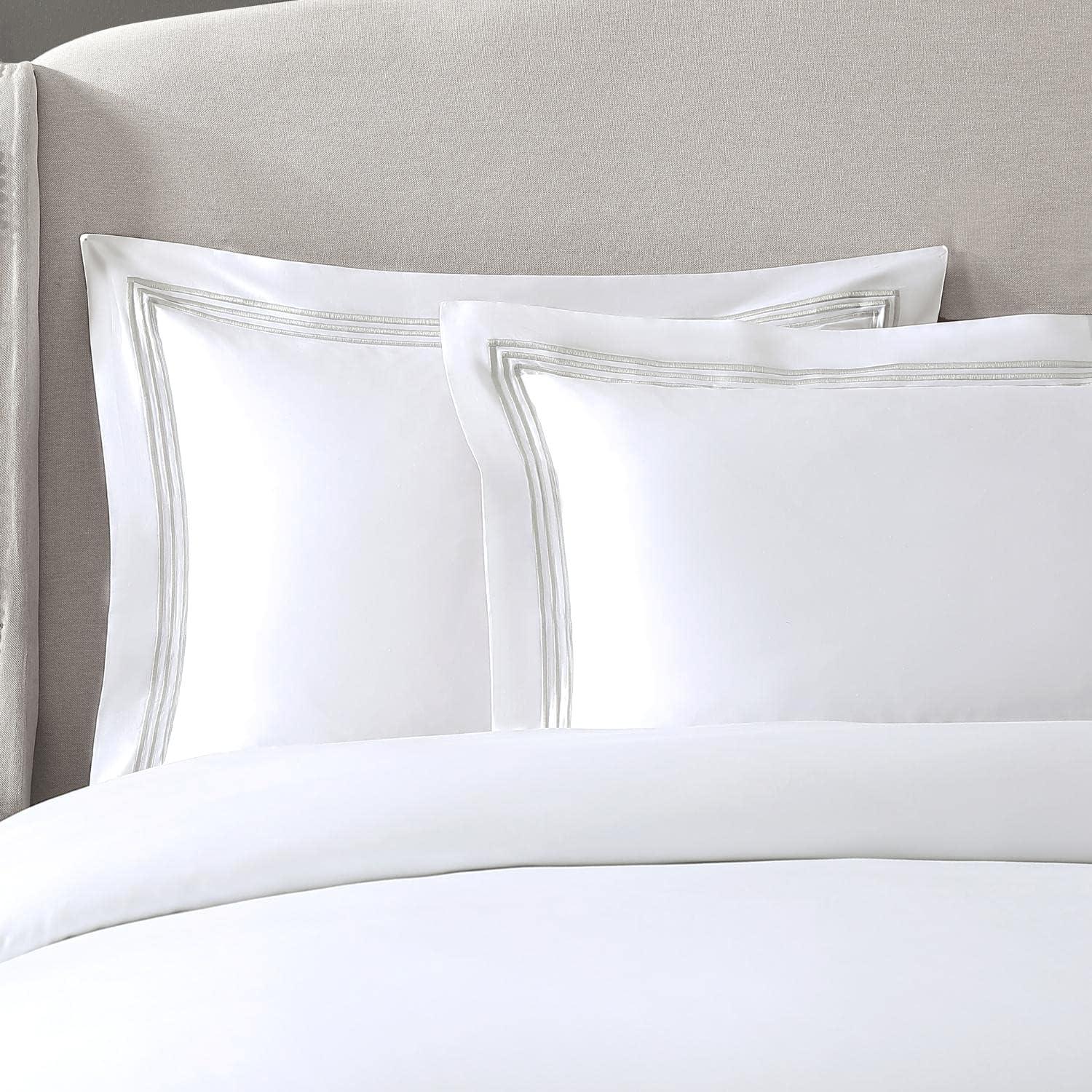 Queen White Cotton Sateen Duvet Cover Set with Embroidery