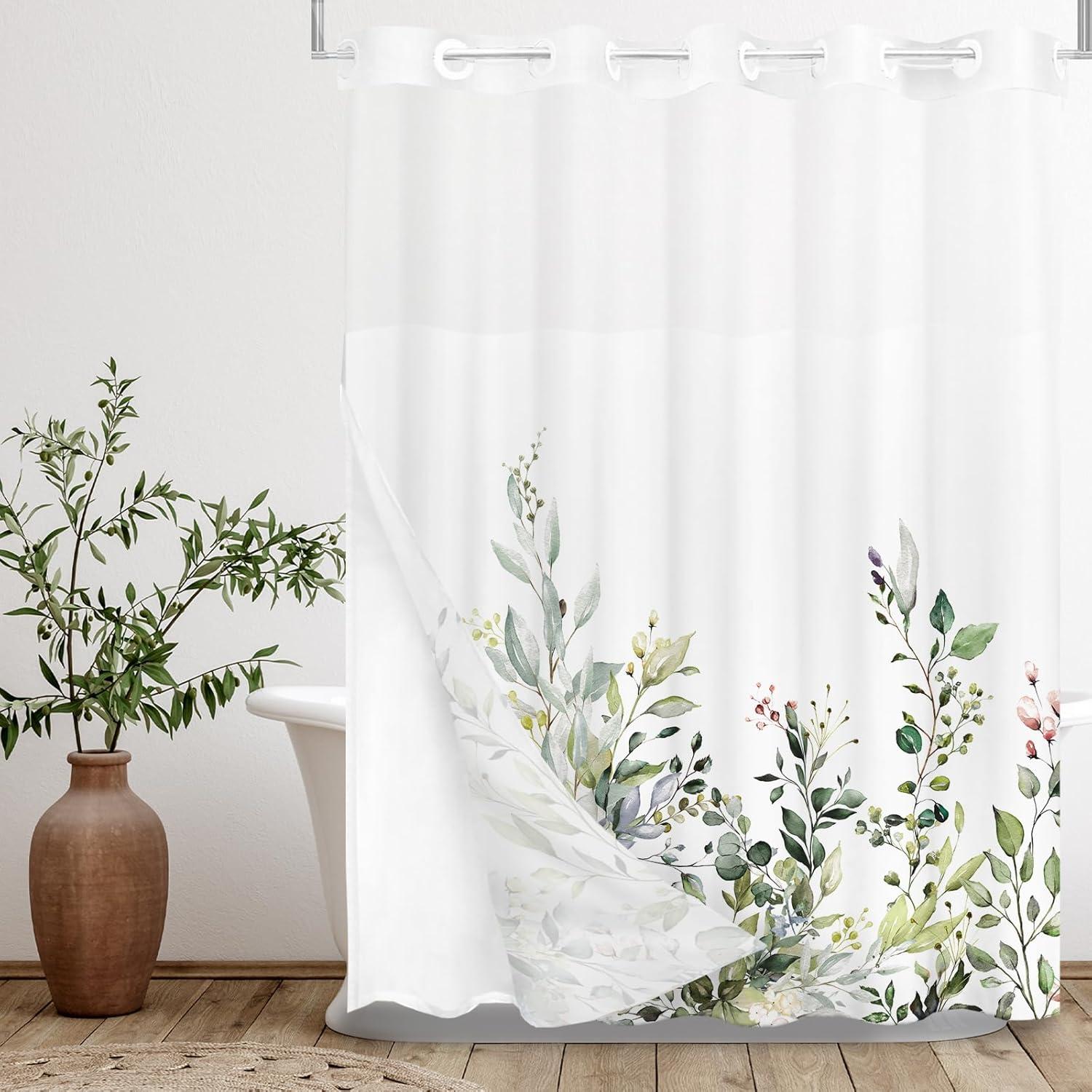 No Hook Shower Curtain with Snap in Liner, Eucalyptus Leaf Vintage Sage Green Leaves Hotel Shower Curtains for Bathroom, Washable Shower Curtain Liner Set with Mesh Top Window, 66"x72"