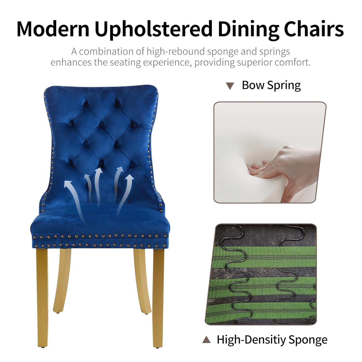 Velvet Upholstered Dining Chairs, Set of 2, Dining Room Tufted Chair, Modern Button Tufted Armless Chairs with Nailhead Trim and Back Ring Pull, Gold Legs, for Dining Room, Kitchen, Navy