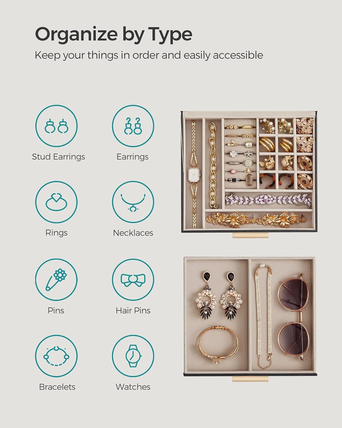 Graphite Black and Gold Velvet Jewelry Box with Glass Lid