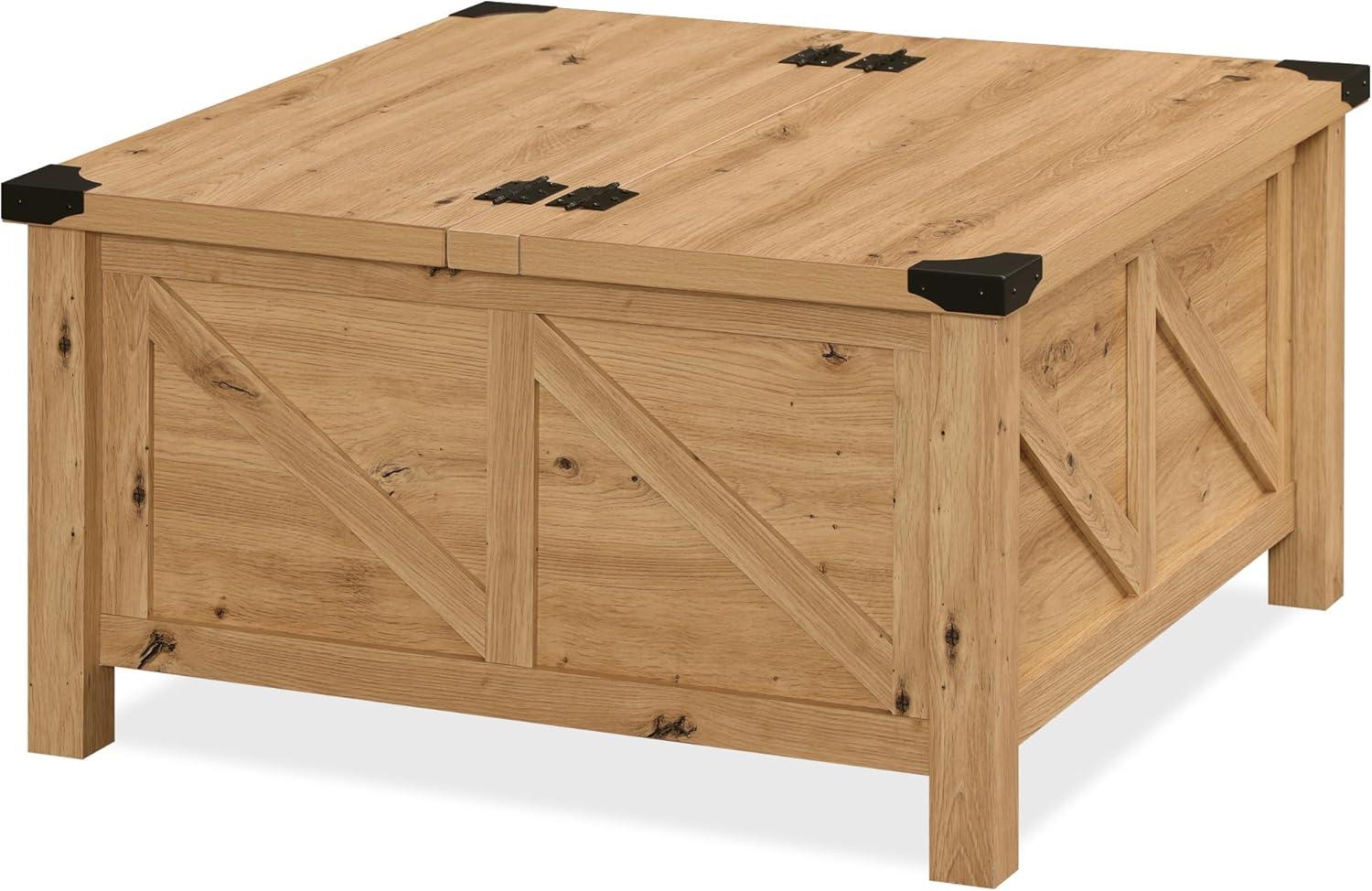 WAMPAT Square Farmhouse Coffee Table with Storage for Living Room, 30x30 inch Wooden Dining Center Table with Gas Spring Flip-Top for Large Hidden Storage, Metal Wrapped Table Corners,Oak