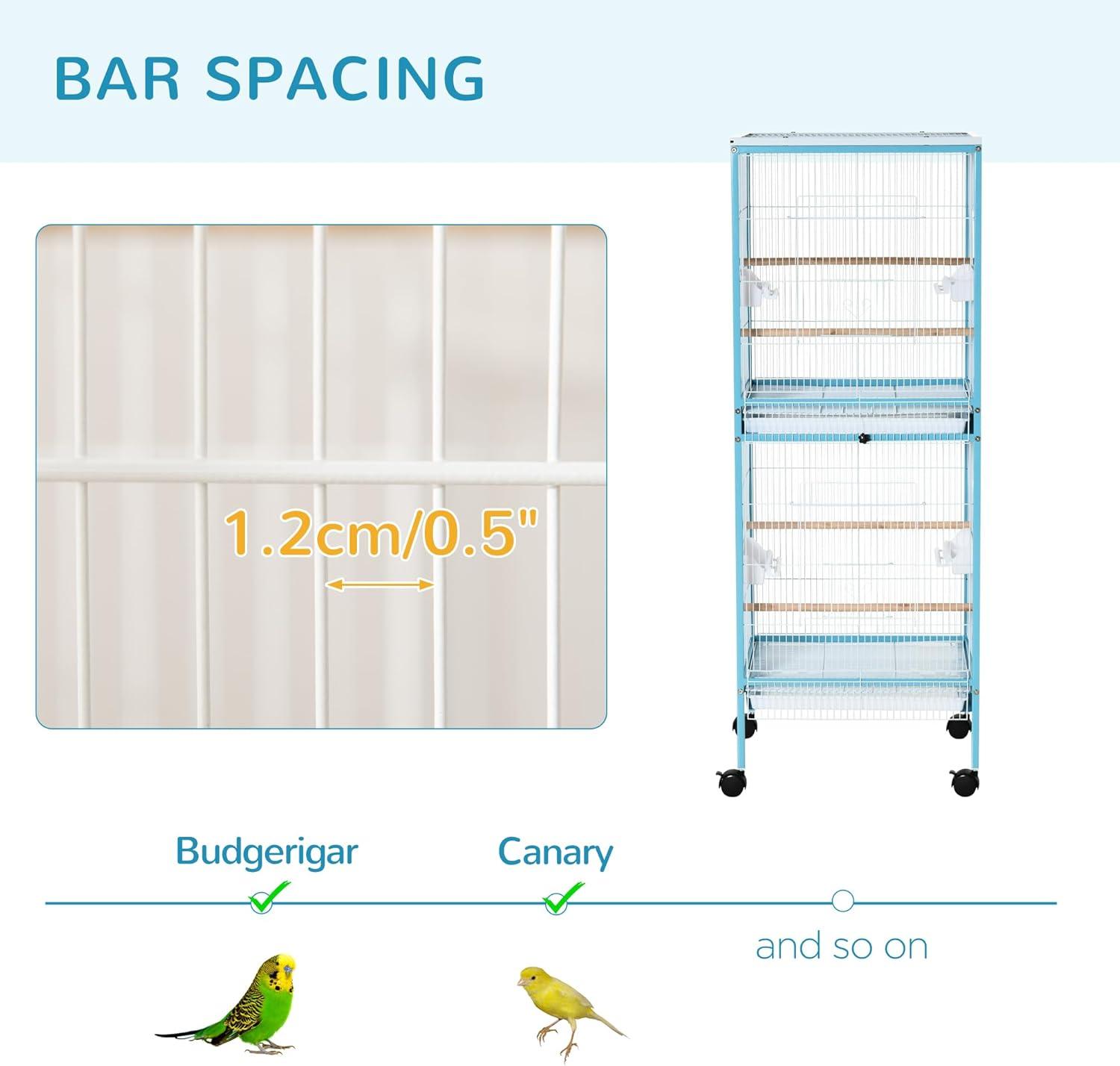 PawHut 55" 2 In 1 Bird Cage Aviary Parakeet House for finches, budgies with Wheels, Slide-out Trays, Wood Perch, Food Containers