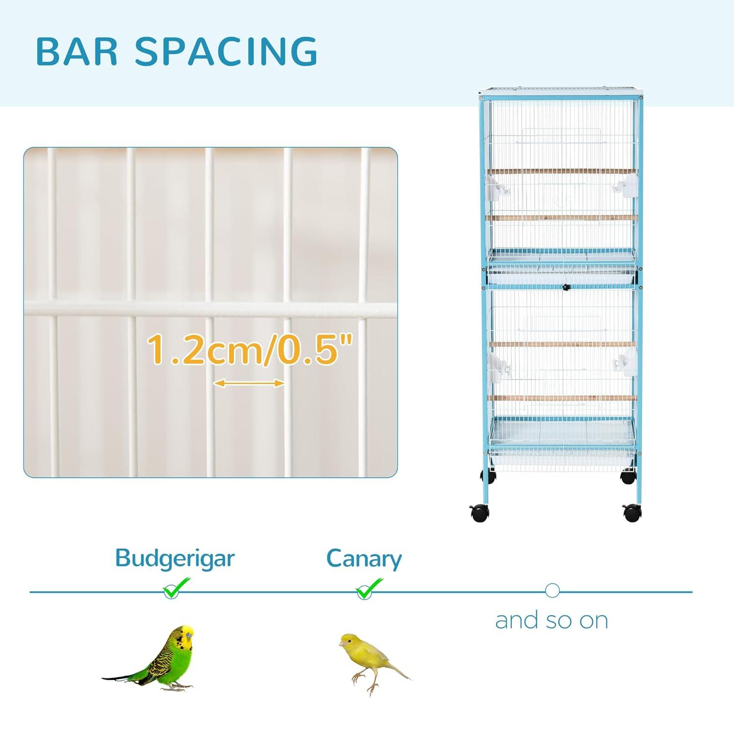 PawHut 55" 2 In 1 Bird Cage Aviary Parakeet House for finches, budgies with Wheels, Slide-out Trays, Wood Perch, Food Containers, Light Blue