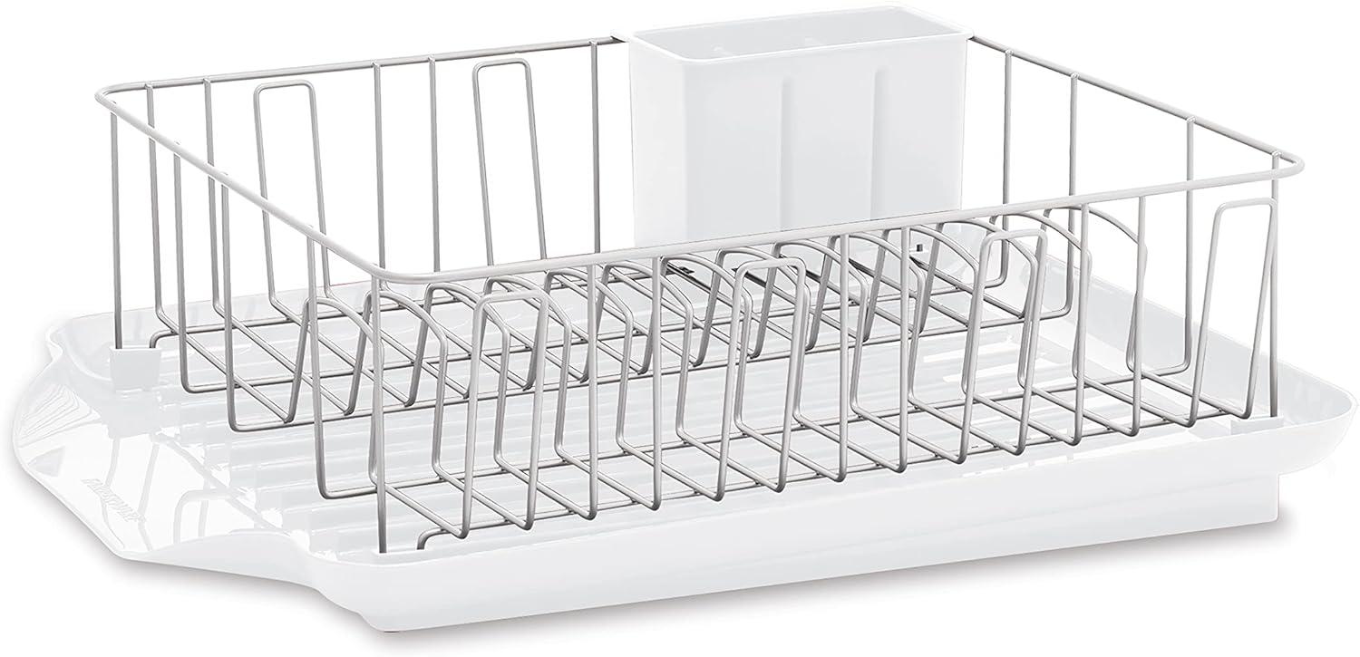 White Plastic and Metal Large Dishrack with Removable Caddy