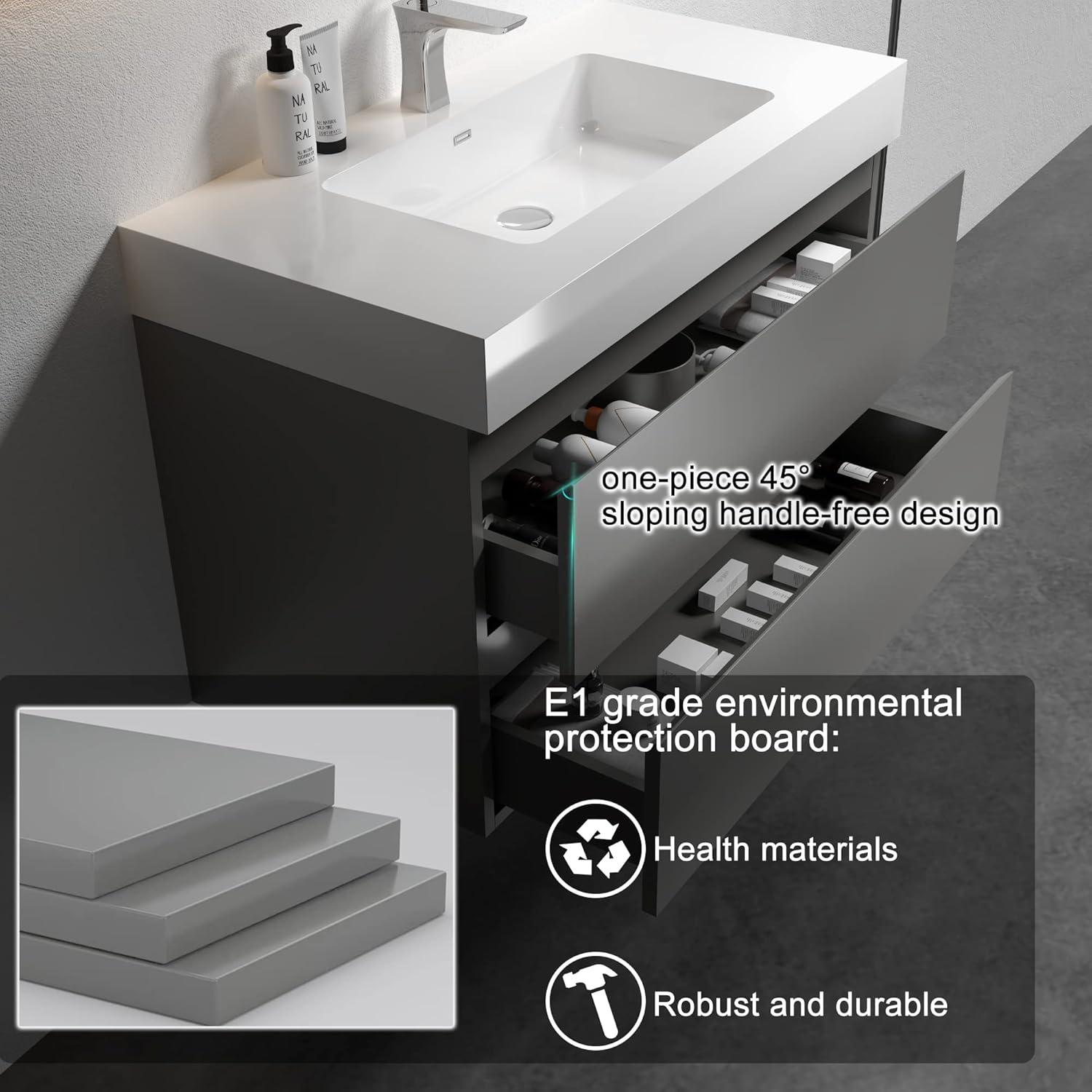 Alice 36" Gray MDF Floating Vanity with White Solid Surface Sink