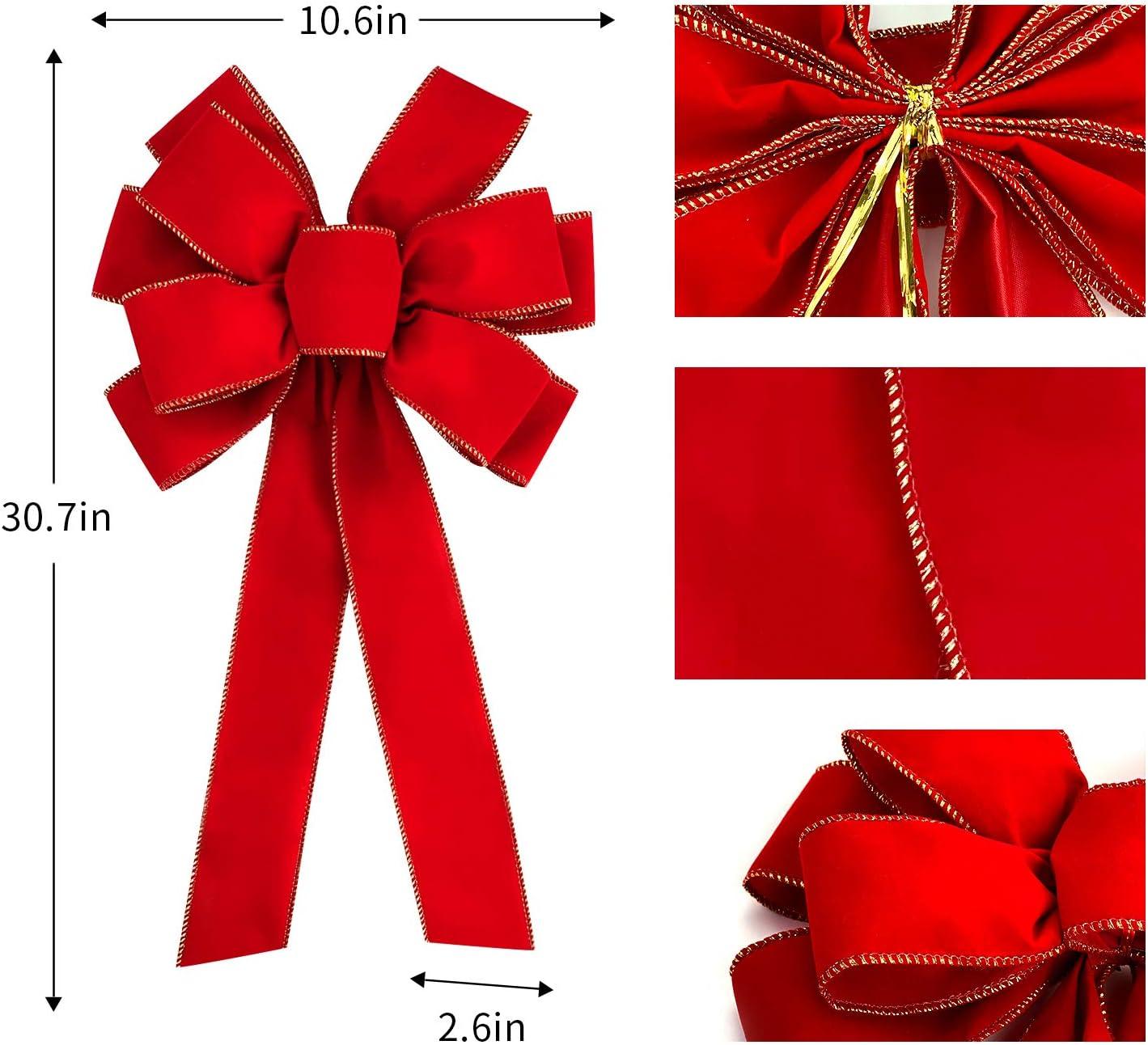 6 PCS Large Christmas Bow - 30.7" x 10.6" Christmas Valentine's Day Golden Edged Red Velvet Wreath Bow Christmas Tree Topper Ornament Bow for