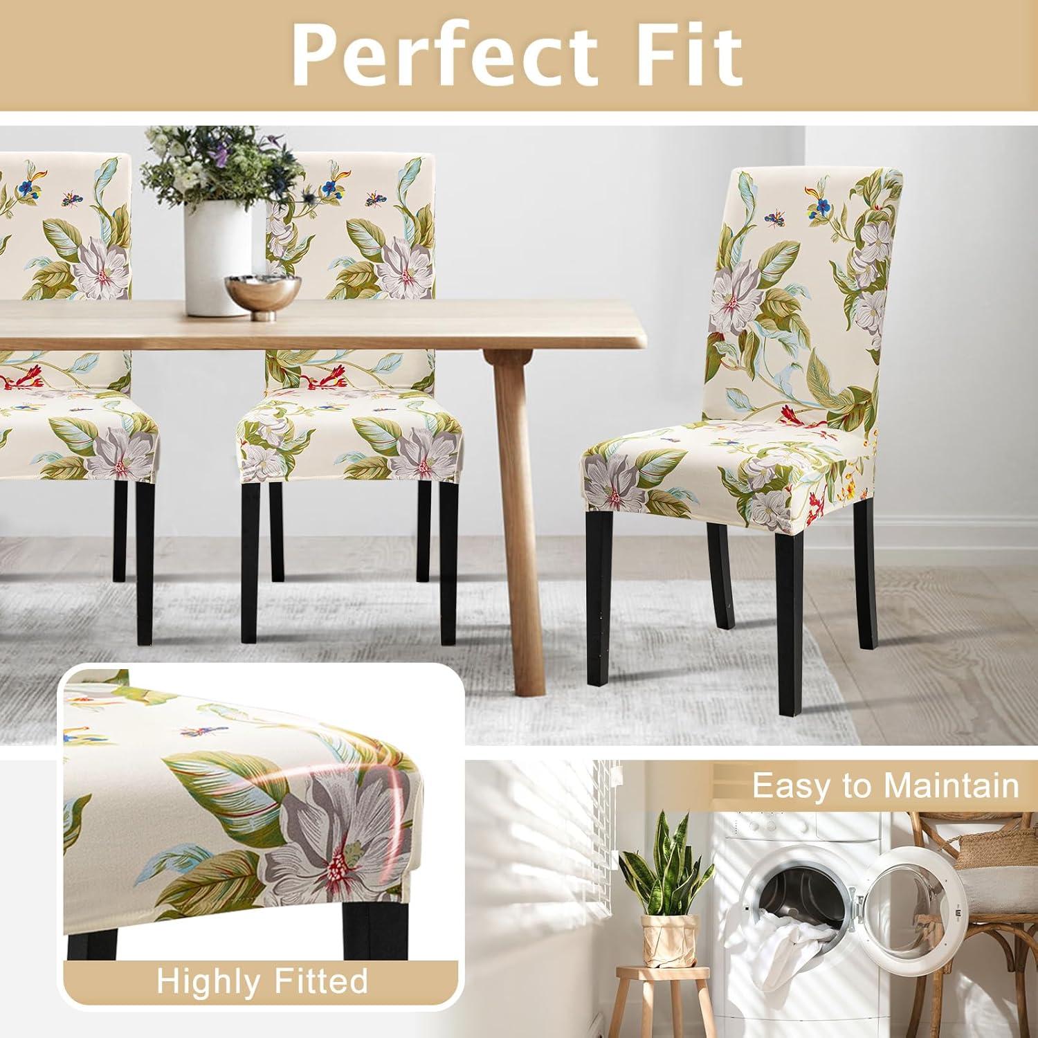 Chair Covers Slipcovers Set of 4, Spandex Super Fit Stretch Removable Washable Kitchen Parsons Protector for Dining Room,Hotel,Ceremony,Beige+Flowers