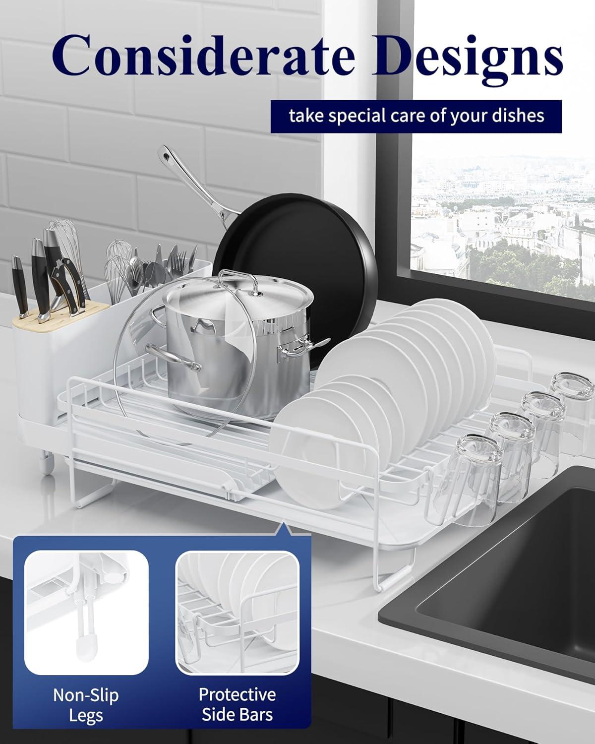 Large Dish Drying Rack - Extendable Dish Rack, Multifunctional Dish Rack for Kitchen Counter, Anti-Rust Drying Dish Rack with Cutlery & Cup Holders 19.2"-26.7" L x 12.9" W, Black