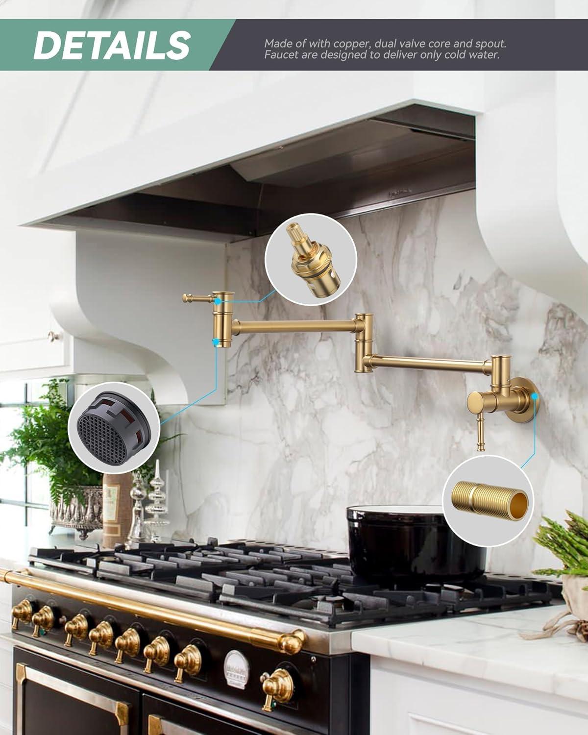 Brushed Gold Wall Mount Double Handle Pot Filler Faucet