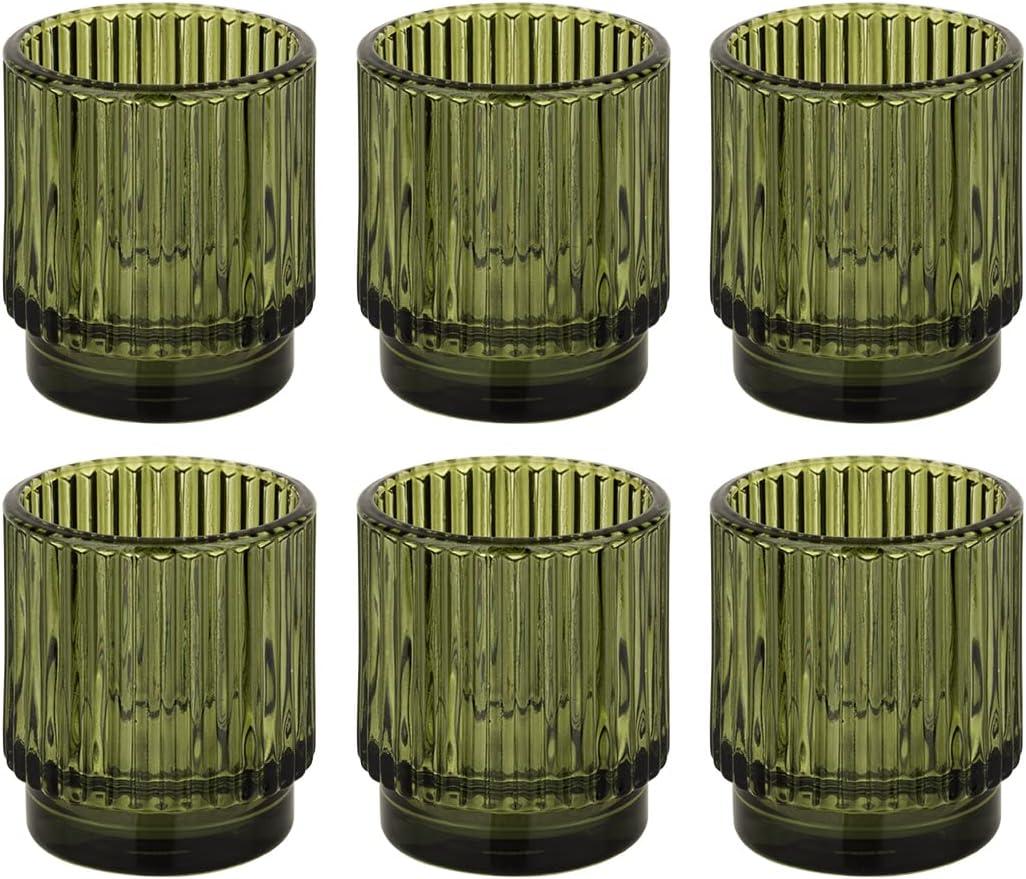 Koyal Wholesale Olive Green Ribbed Glass Votive Candle Holders - Aesthetic Decor & Candle Holders Table Décor, Pack of 6