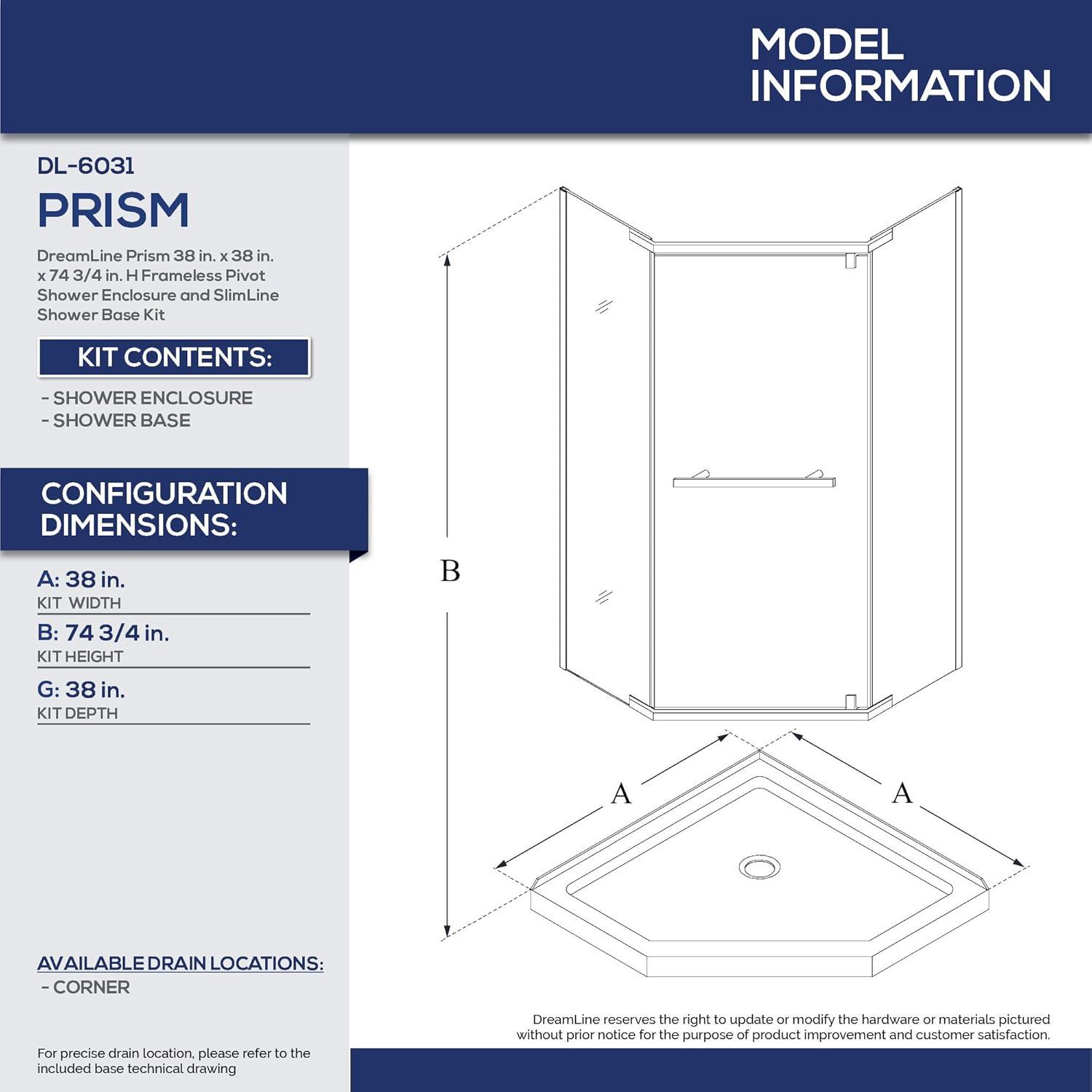 Prism 38" W x 38" D x 74.75" H Frameless Neo-Angle Reversible Shower Kit with Towel Bar and Base Included