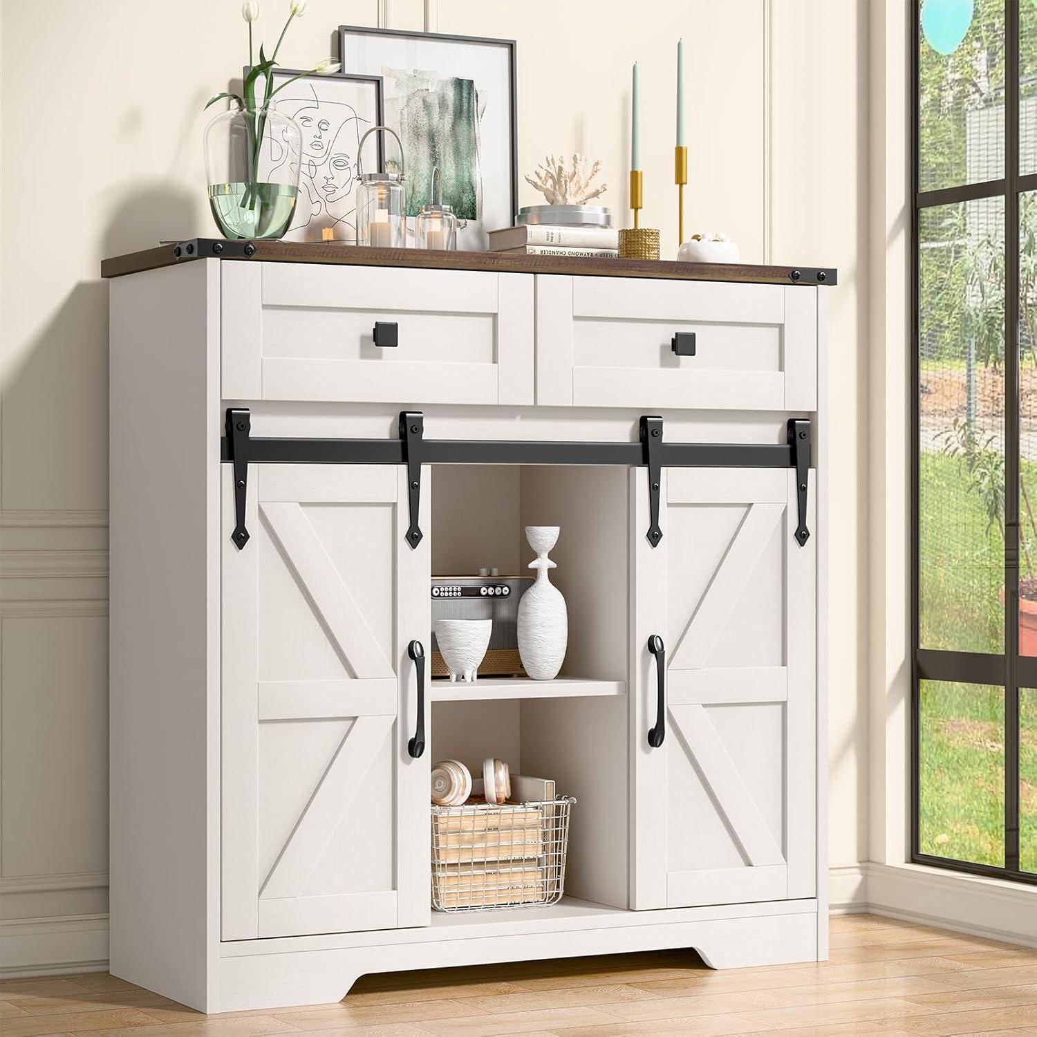 Farmhouse Storage Cabinet, Bathroom Cabinet with Sliding Barn Doors, Floor Storage Cabinet with Adjustable Shelves and 4 Drawers for Kitchen, Living Room, Dining Room, Modern White