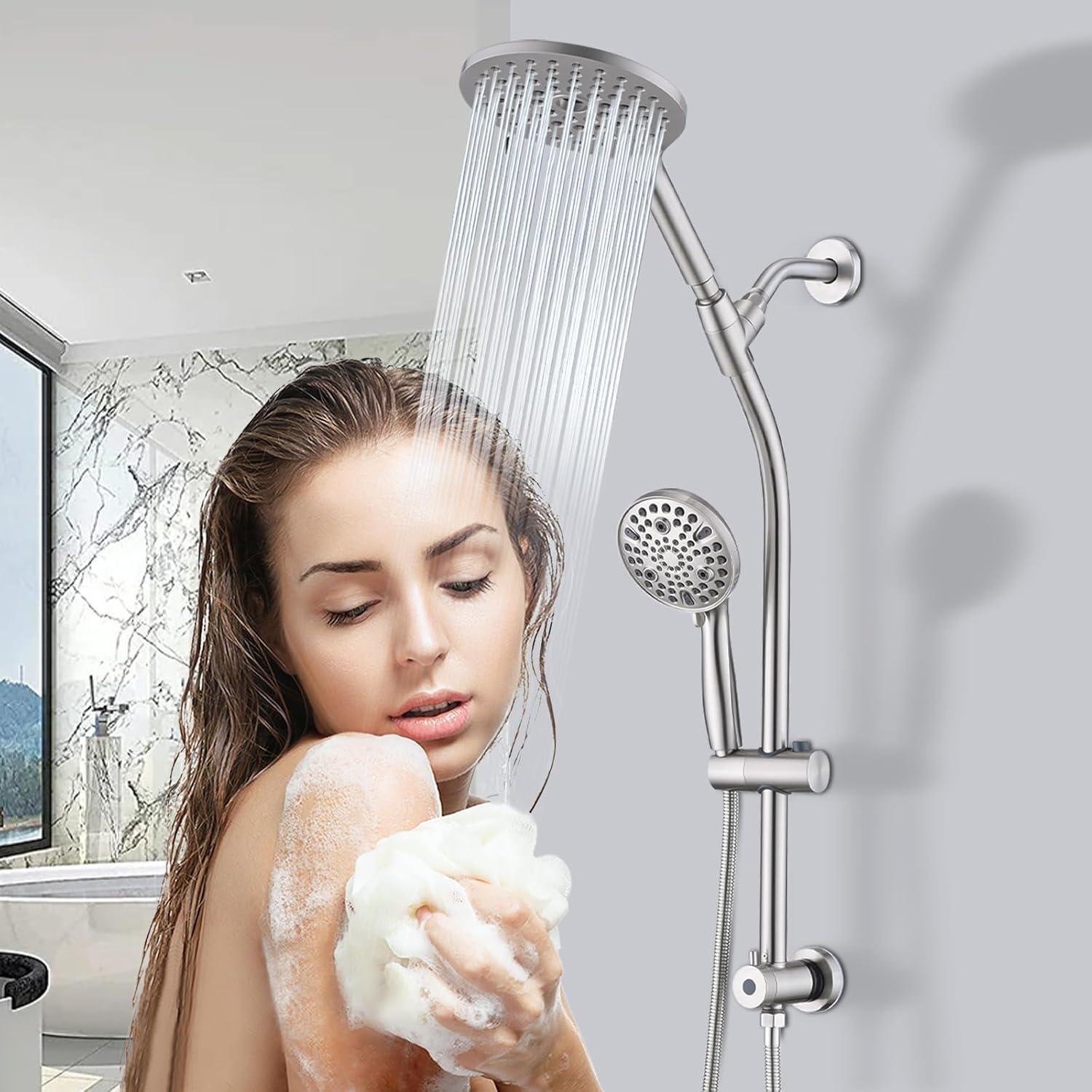 Rainfall Shower Head with Handheld Shower Spray, with 26" Drill Free Adjustable Height Slider Bar, High Pressure Dual Shower Head Combo, 3-Way Diverter for Easy Reach, 5Ft Hose - Chrome Finish