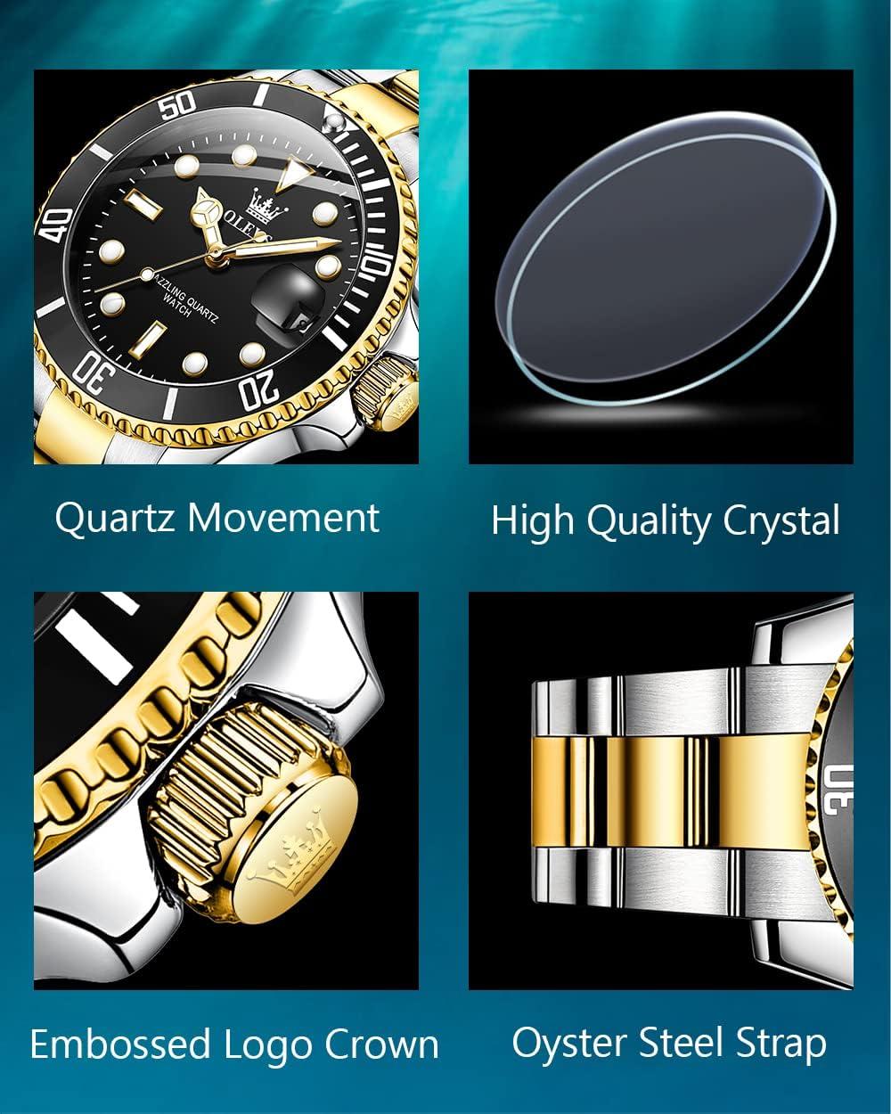 OLEVS Men Watch,Big Dial Watches for Men Stainless Steel Watch with Day Waterproof Analog Quartz Watches for Man Classic Business Wristwatch Luxury Luminous Round for Men Rotatable Bezel Watch