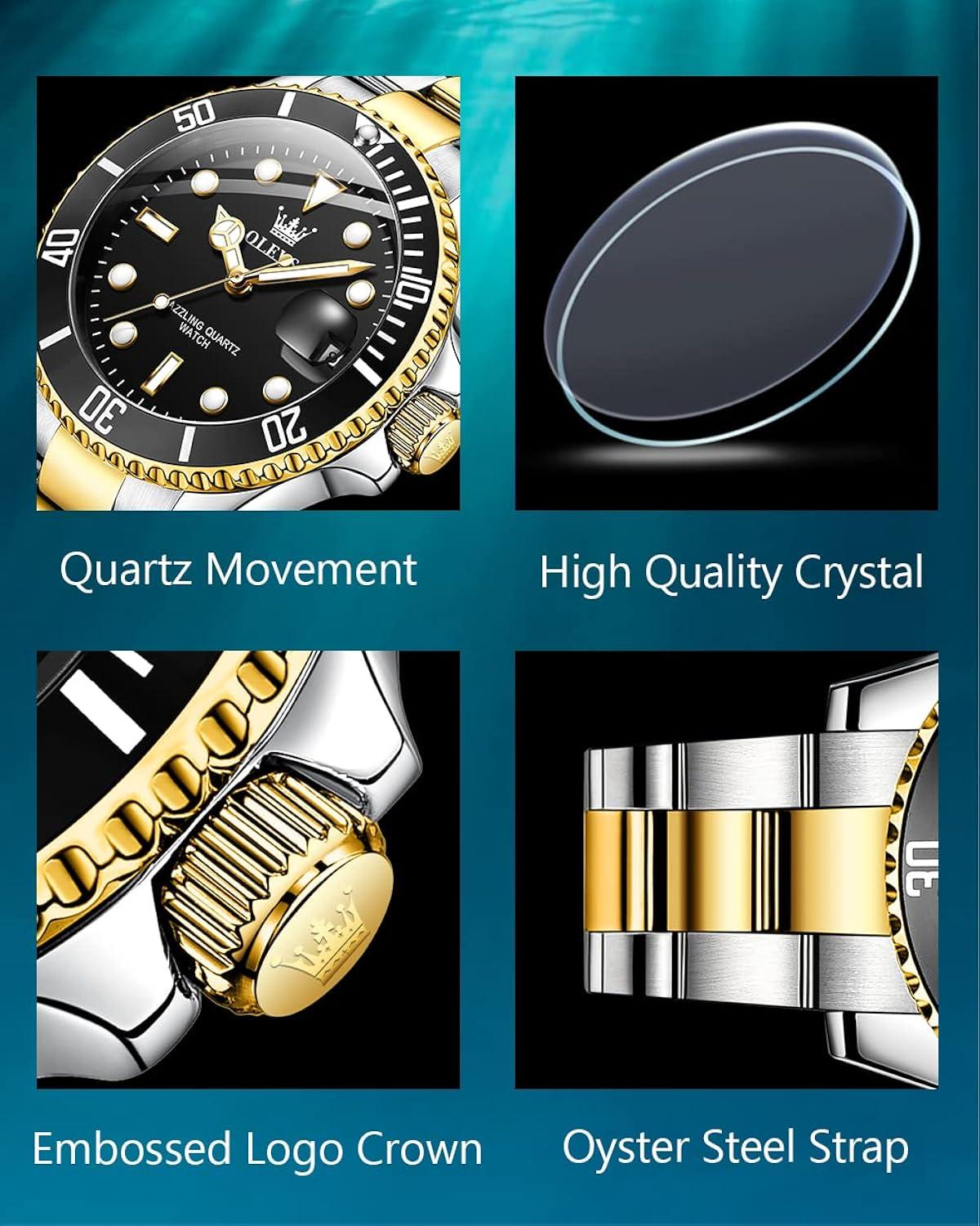 OLEVS Men Watch,Big Dial Watches for Men Stainless Steel Watch with Day Waterproof Analog Quartz Watches for Man Classic Business Wristwatch Luxury Luminous Round for Men Rotatable Bezel Watch