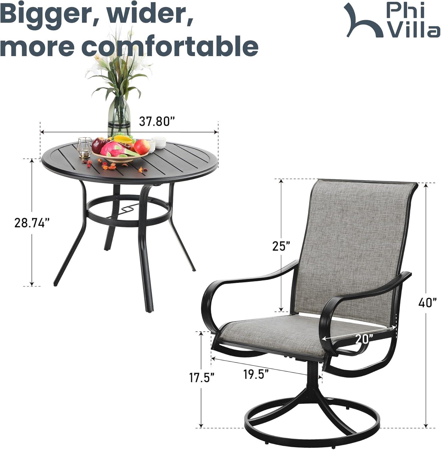 PHI VILLA 5 Piece Outdoor Patio Dining Set with 4 Swivel Dining Chairs & 1 Wood-Like Dining Table, All Weather Blue Textilene Mesh Fabric Chair and Square Metal Table for Deck Lawn Garden