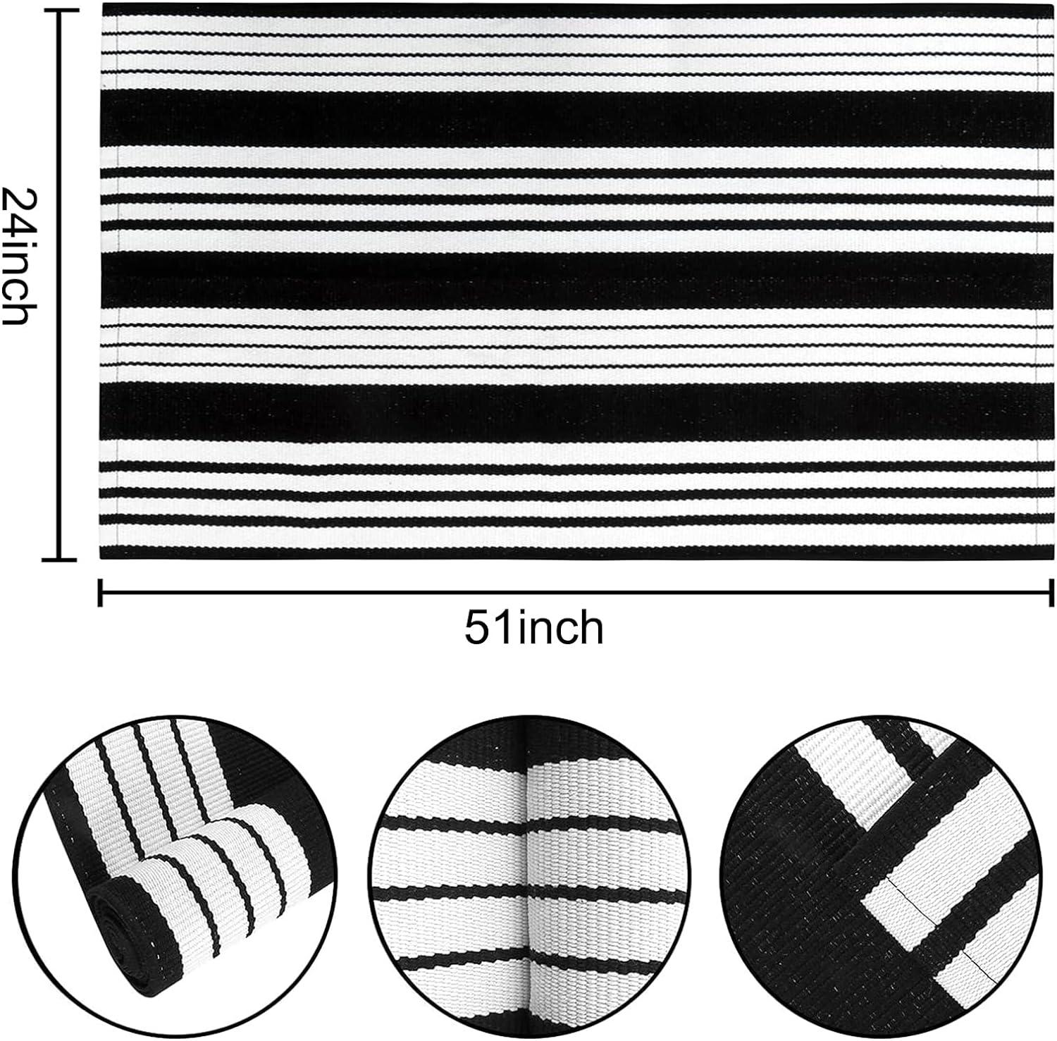 Black and White Striped Hand-Woven Outdoor Rug 24'' x 51''