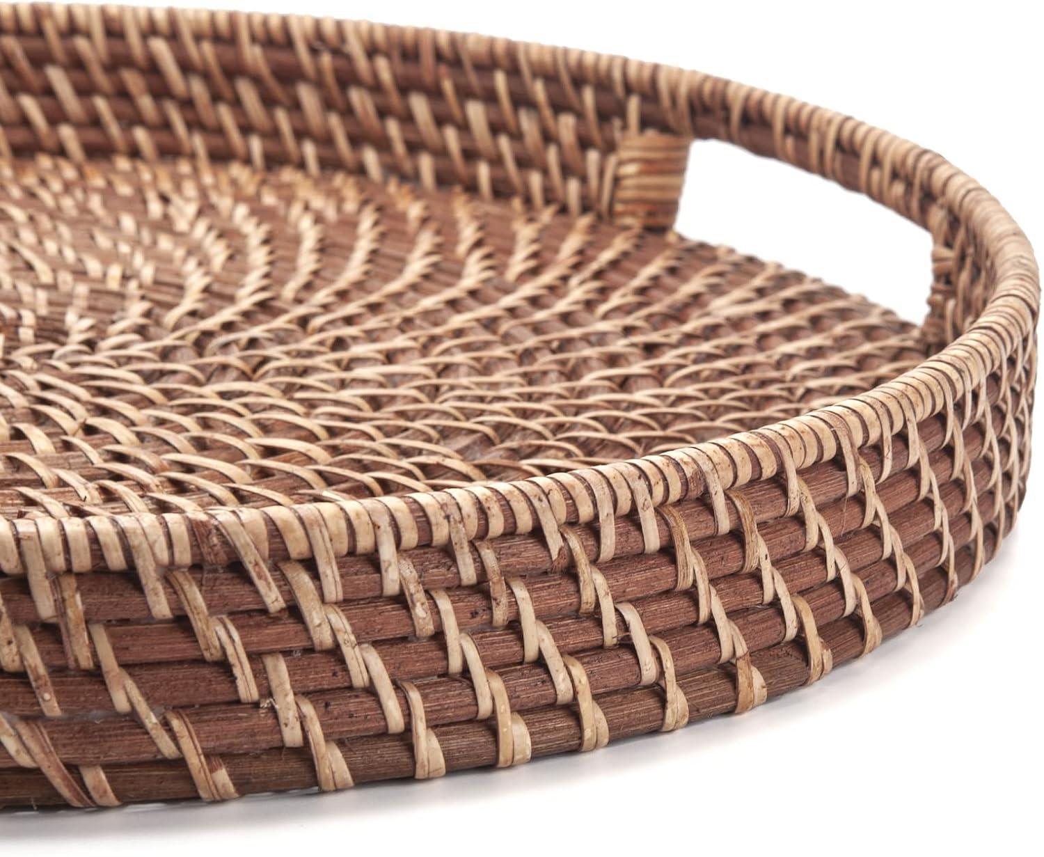 Round Rattan Woven Serving Tray with Handles Ottoman Tray for Breakfast, Drinks, Snack for Coffee Table, Home Decorative (16.9 inch, Honey Brown)