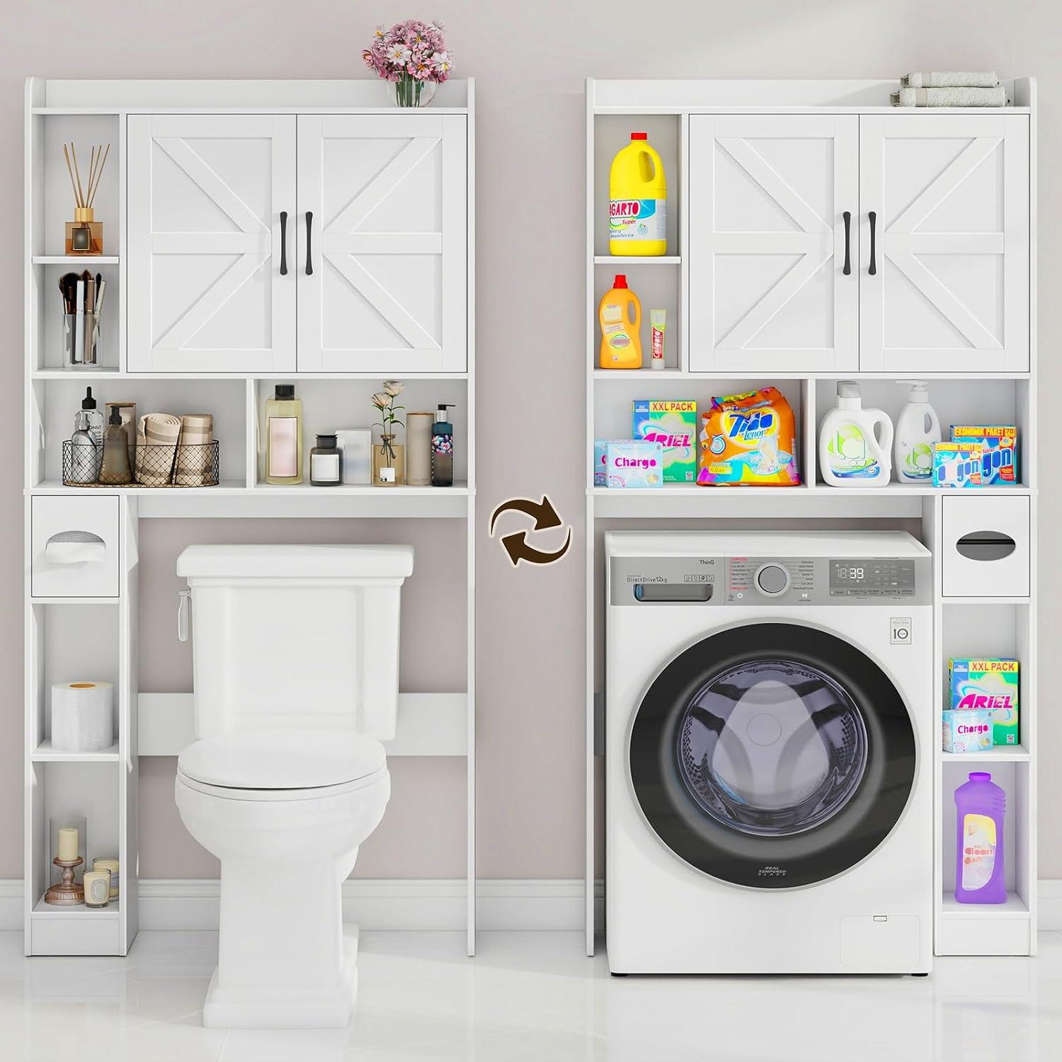 Over The Toilet Storage Cabinet, Farmhouse Storage Cabinet Over Toilet with Sliding Barn Door & Toilet Paper Holder Stand，Home Space-Saving Toilet Rack, for Bathroom, Restroom, Laundry（White）