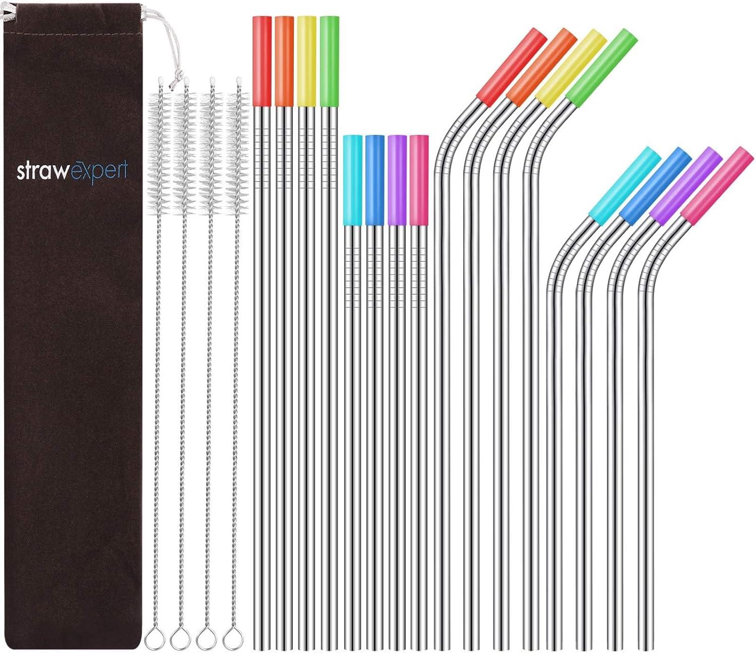 Set of 16 Stainless Steel Straws with Silicone Tips and Cleaning Brushes