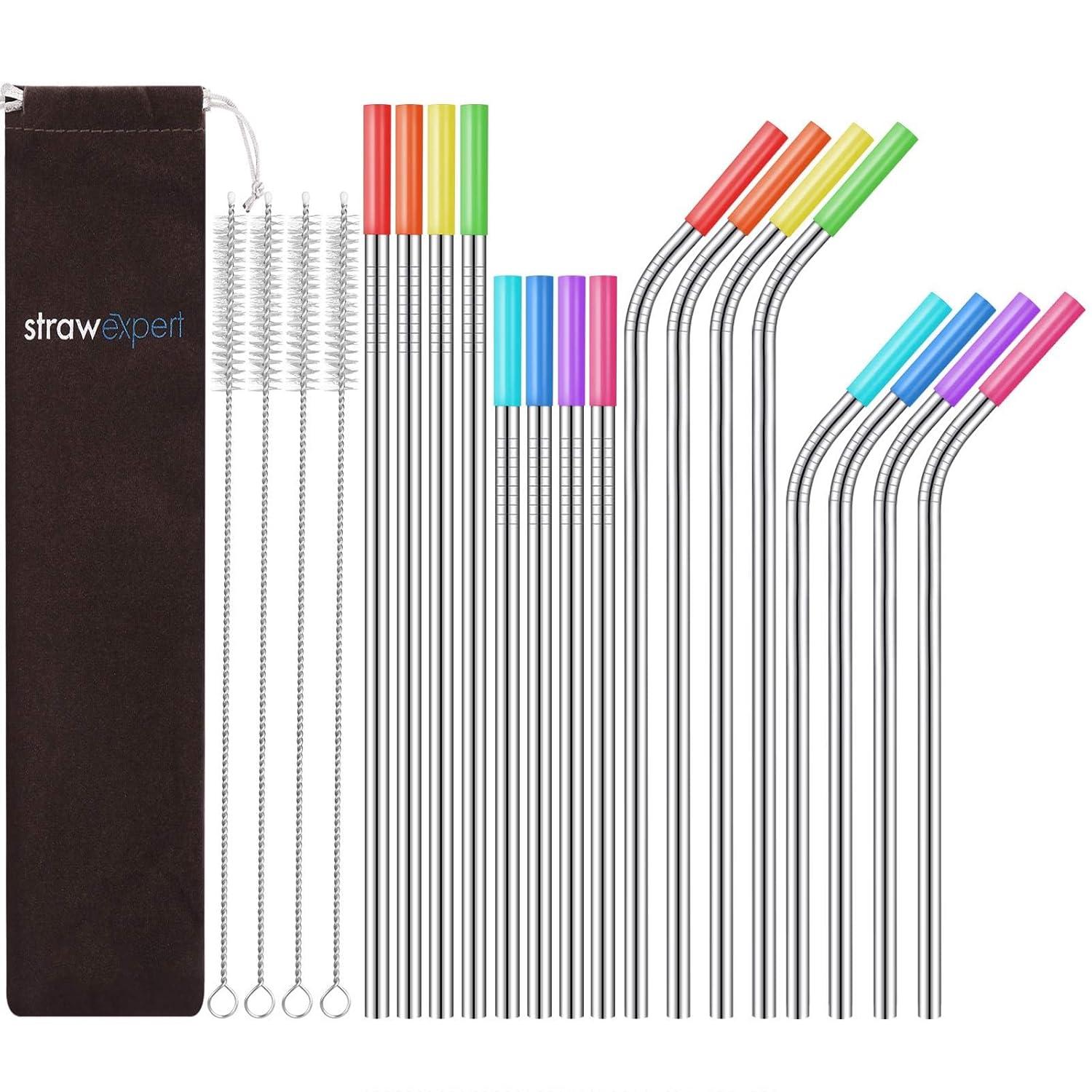Set of 16 Reusable Stainless Steel Straws with Travel Case Cleaning Brush Silicone Tips Eco Friendly Extra Long Metal Straws Drinking for 20 24 30 oz Fit Yeti Tervis Rtic Tumbler (Silve) r