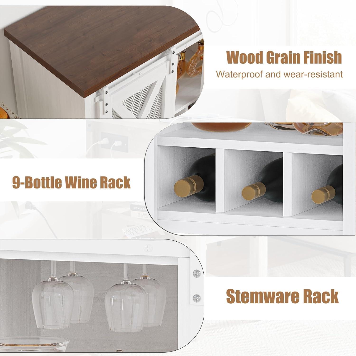 GAOMON Farmhouse Coffee Bar Cabinet with Sliding Barn Doors, Wine Rack, Stemware Holder, and Storage Shelves, Rustic Kitchen Buffet for Living Room or Hallway