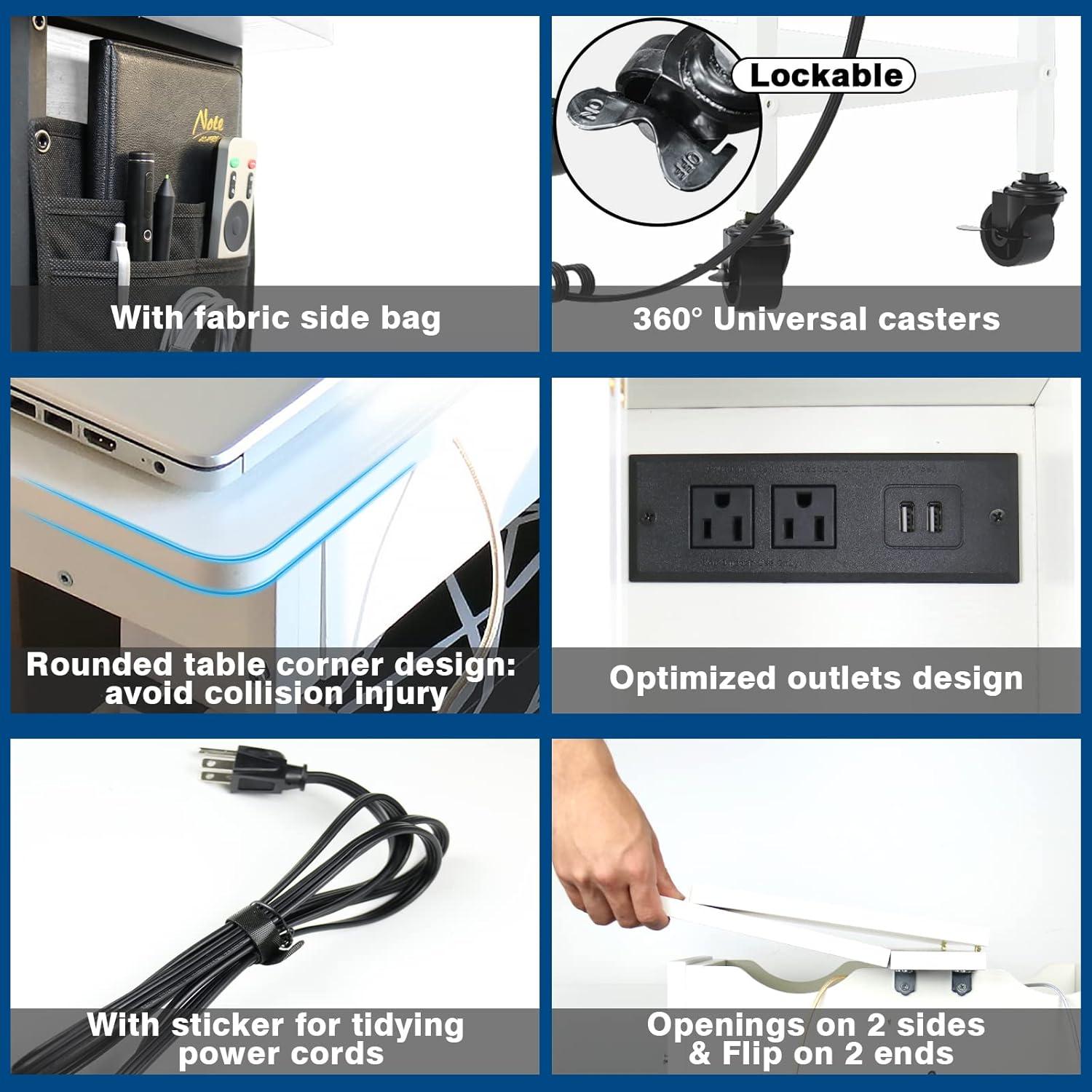 Slim Side Table With Wheels, USB Ports And Outlets, Rolling Narrow End Table With Charging Station And Bag, Flip Top Nightstand With Hidden Storage Shelves For Living Room Bedroom Small Spaces