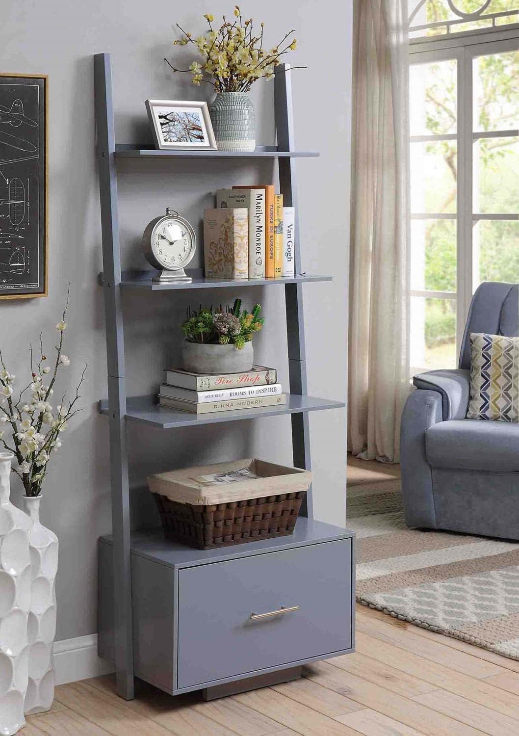 Convenience Concepts American Heritage Ladder Bookcase with File Drawer, Gray