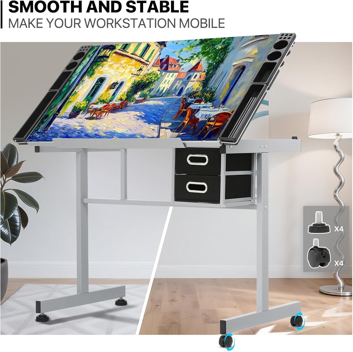 LIQI Drafting Table on Wheels with Storage & Side Tray - Adjustable 0-65° Glass Tabletop, Replaceable Feet Art Desk