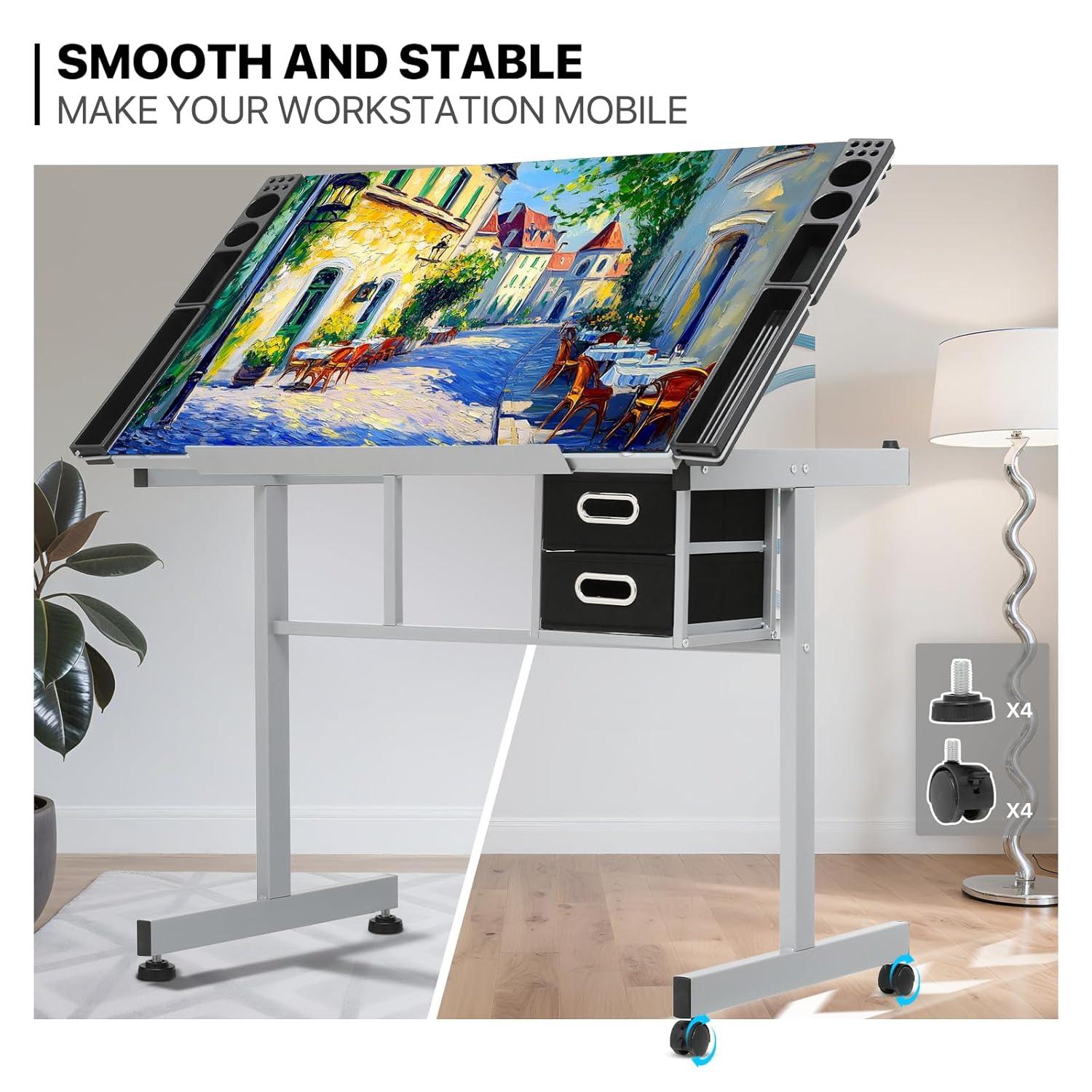 LIQI Drafting Table on Wheels with Storage & Side Tray - Adjustable 0-65° Glass Tabletop, Replaceable Feet Art Desk