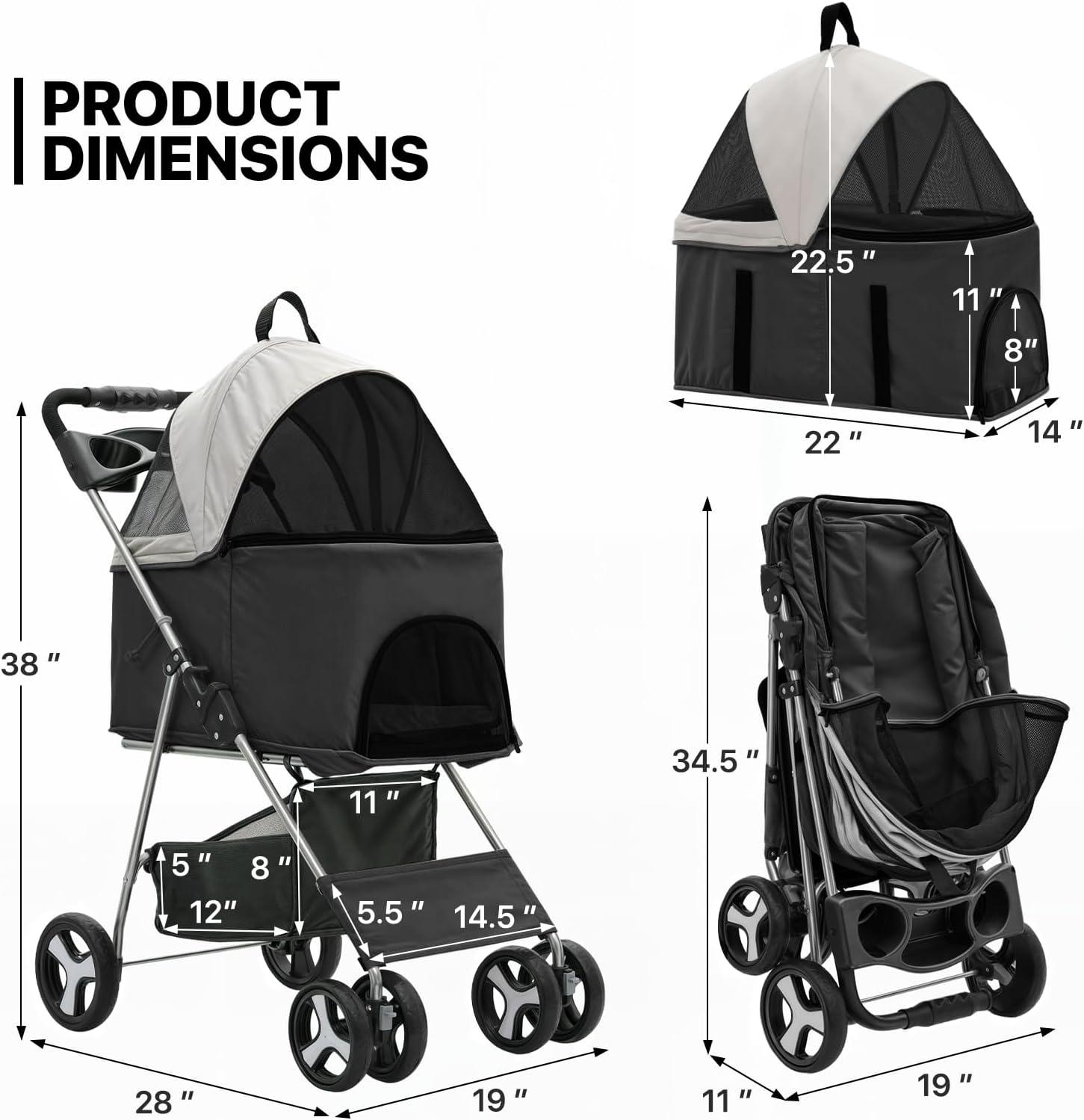 MoNiBloom Folding Pet Stroller, Foldable Dog Jogger Stroller with Detachable Carrier, Basket and Cup Holder