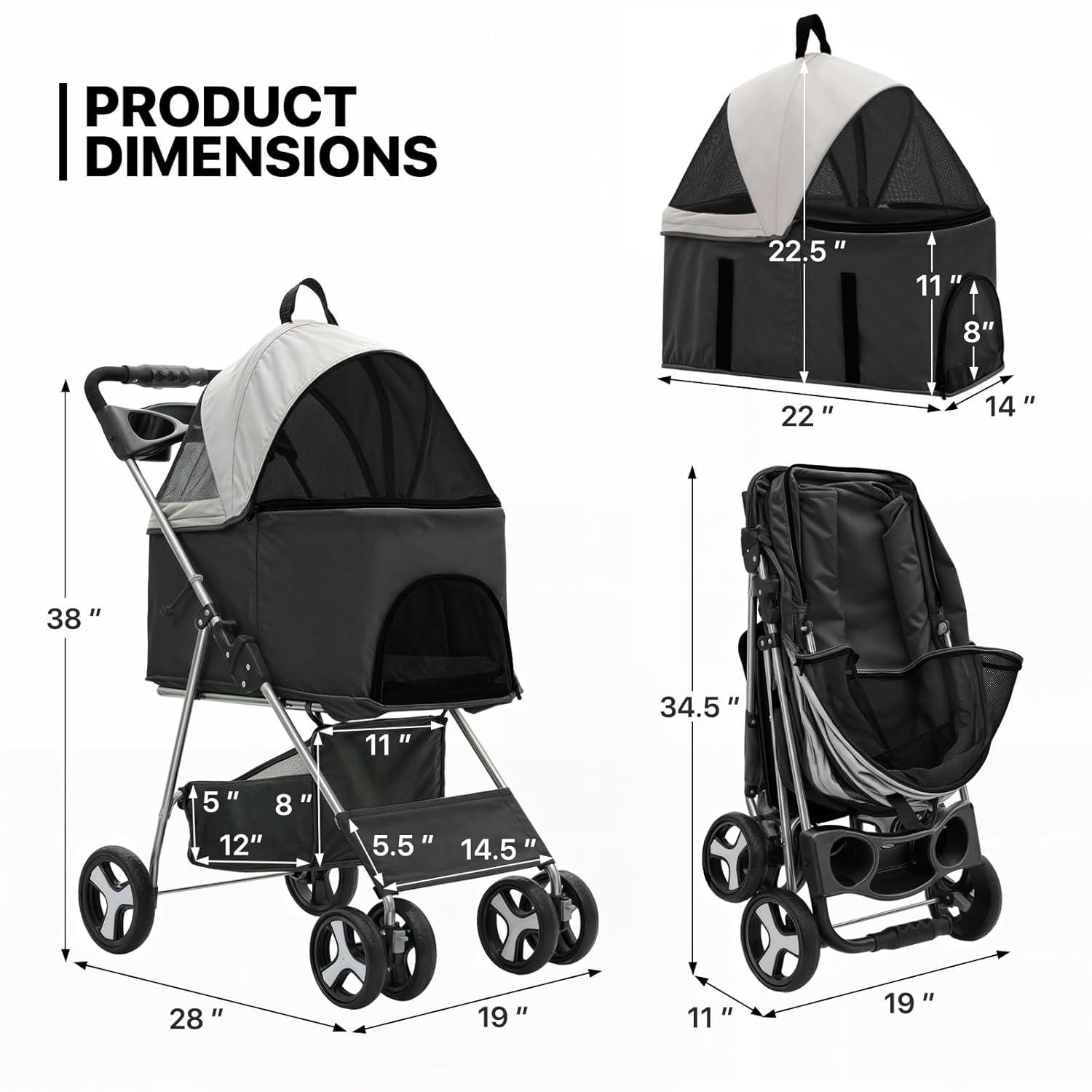 MoNiBloom Folding Pet Stroller, Foldable Dog Jogger Stroller with Detachable Carrier, Basket and Cup Holder