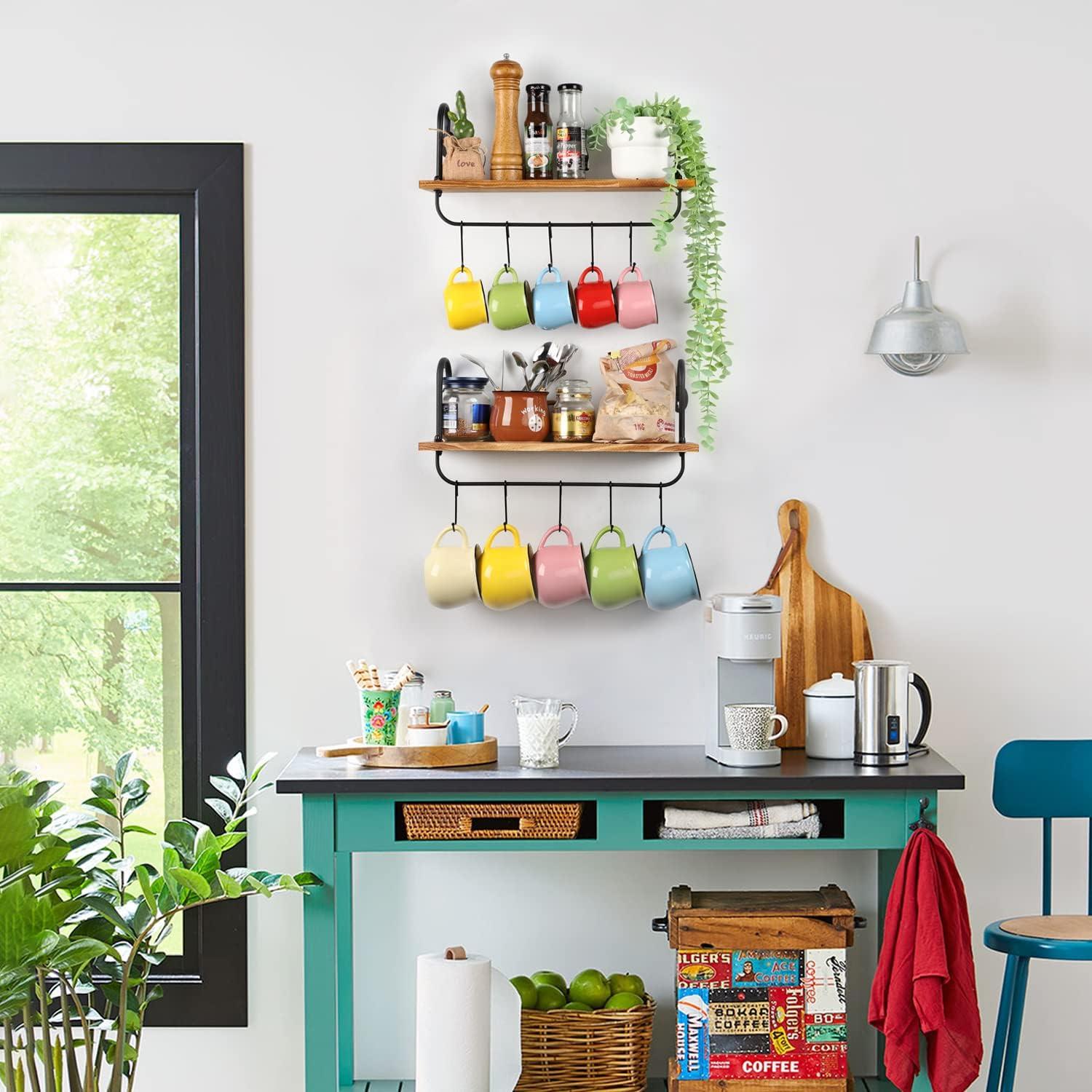 Carbonized Black Wood Floating Kitchen Shelves with Hooks