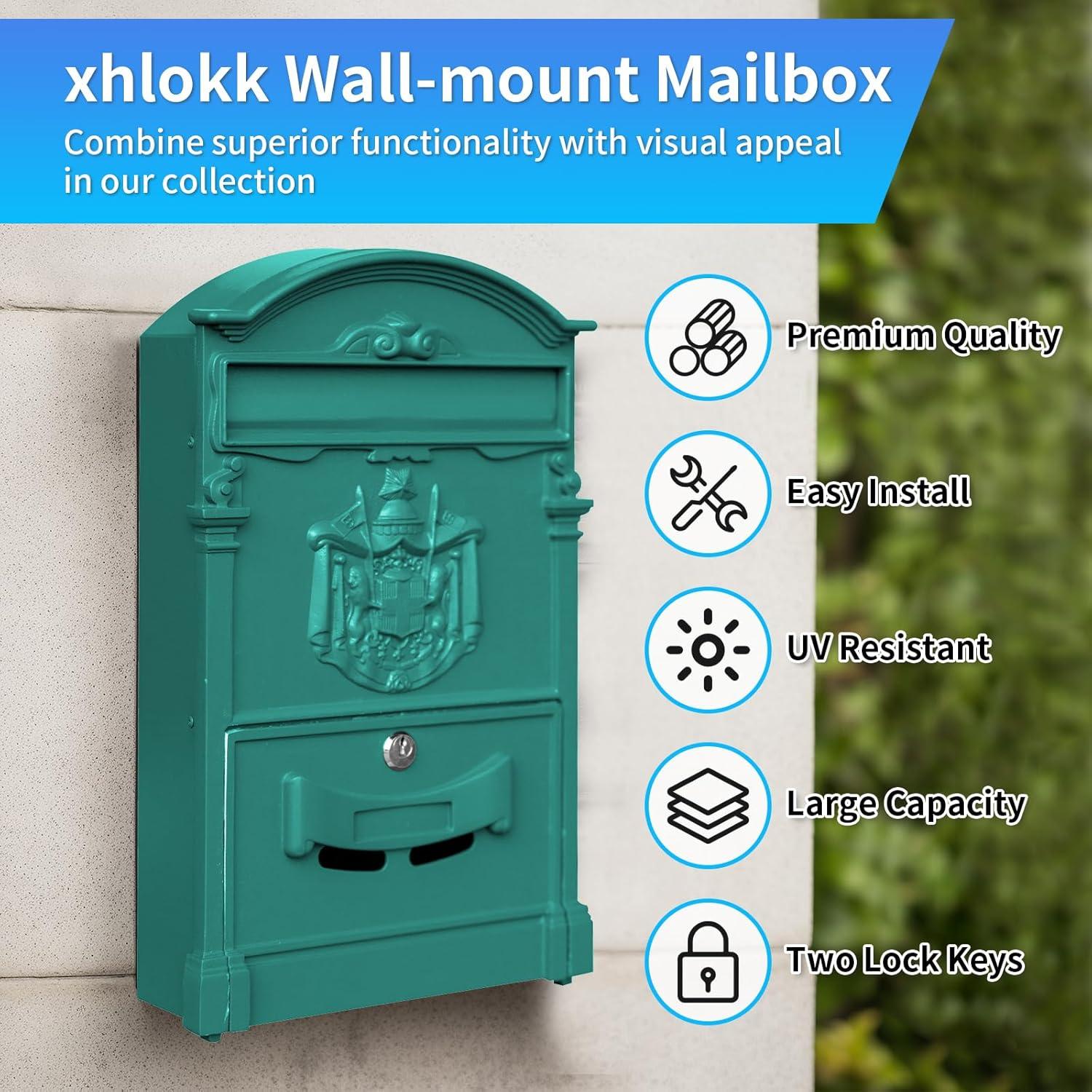 Wall Mount Mailboxes, Rust Resistant Locking Wall Mailbox for Outside, Galvanized Steel and Aluminum Stamping Process, Vintage Mailbox with Key Lock Large Capacity Outdoor Decoration, Black