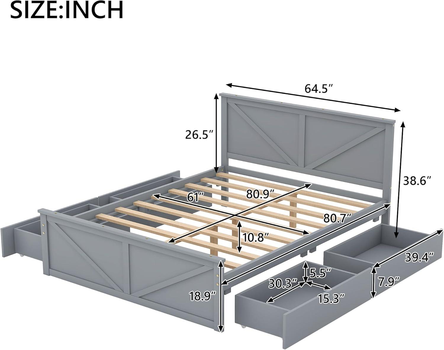 Bellemave Queen Size Storage Bed, Solid Wood Queen Platform Bed with 4 Drawers, Queen Bed Frame with Headboard for Kids Teens Adults (Gray)