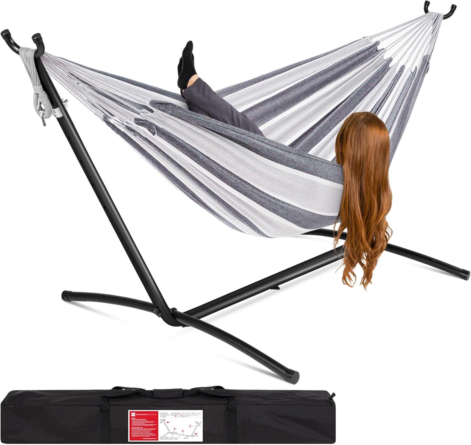 Best Choice Products 2-Person Brazilian-Style Cotton Double Hammock with Stand Set w/ Carrying Bag - Steel