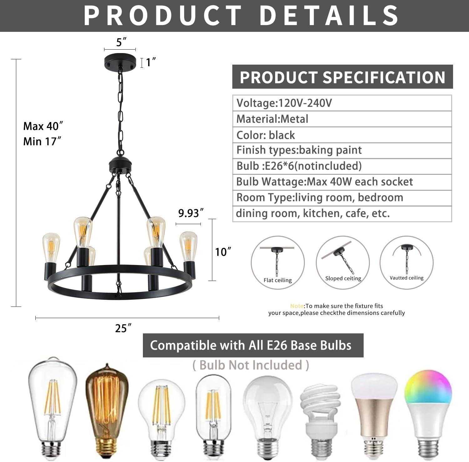 Farmhouse 6 Lights Black Wagon Wheel Chandelier,Modern Vintage Round Pendant Light Fixture for Dining Room,Living Room, Entryway Foyer Kitchen Island, E26