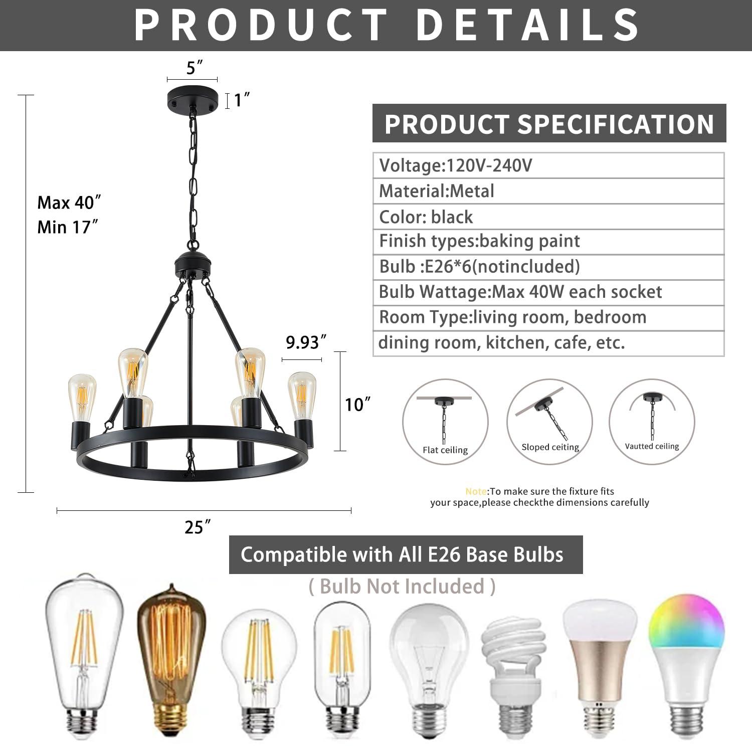 Farmhouse 6 Lights Black Wagon Wheel Chandelier,Modern Vintage Round Pendant Light Fixture for Dining Room,Living Room, Entryway Foyer Kitchen Island, E26