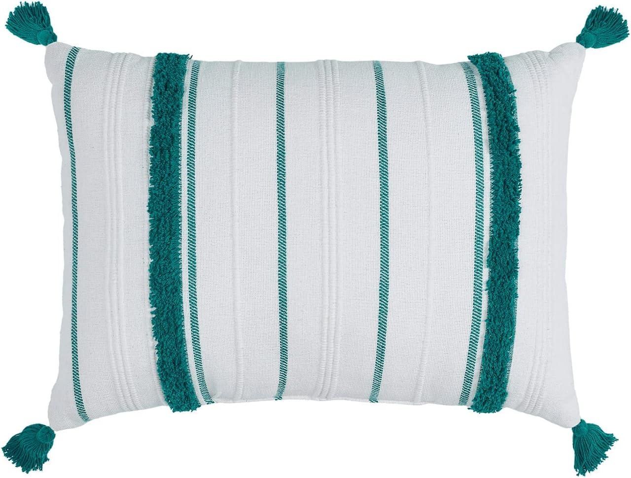 Teal and White Striped Cotton Lumbar Pillow with Tassels