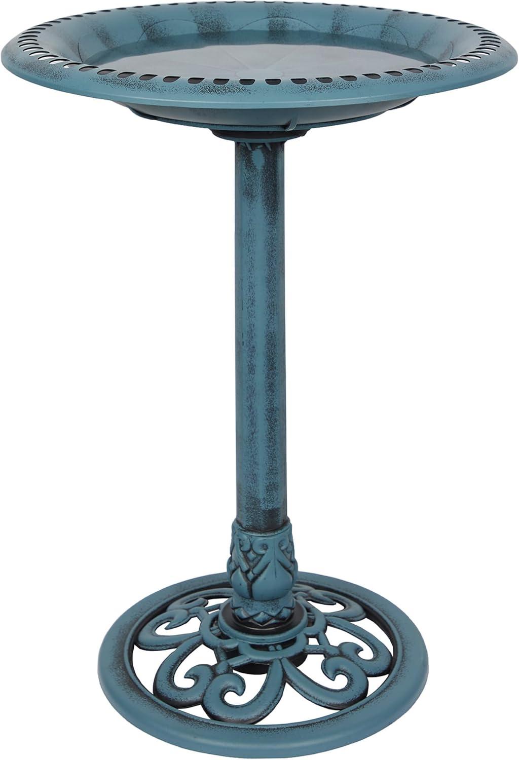 Blue Pedestal Birdbath with Scrollwork Base and Stakes