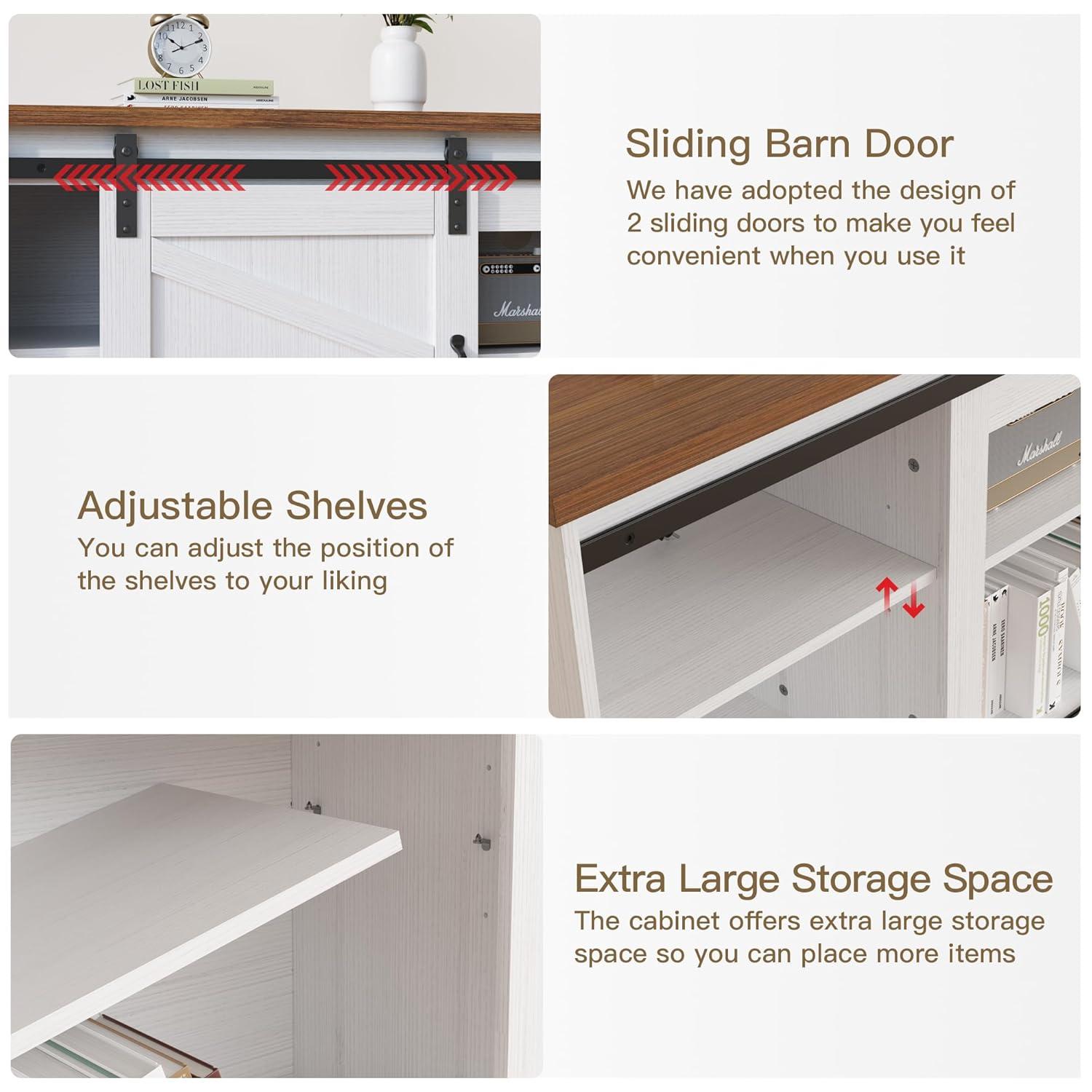 Kullavik Farmhouse TV Stand for Televisions up to 75 Inchs,Entertainment Center with Sliding Barn Doors and Storage Cabinets,Modern Media TV Console Table for Living Room,Bright White