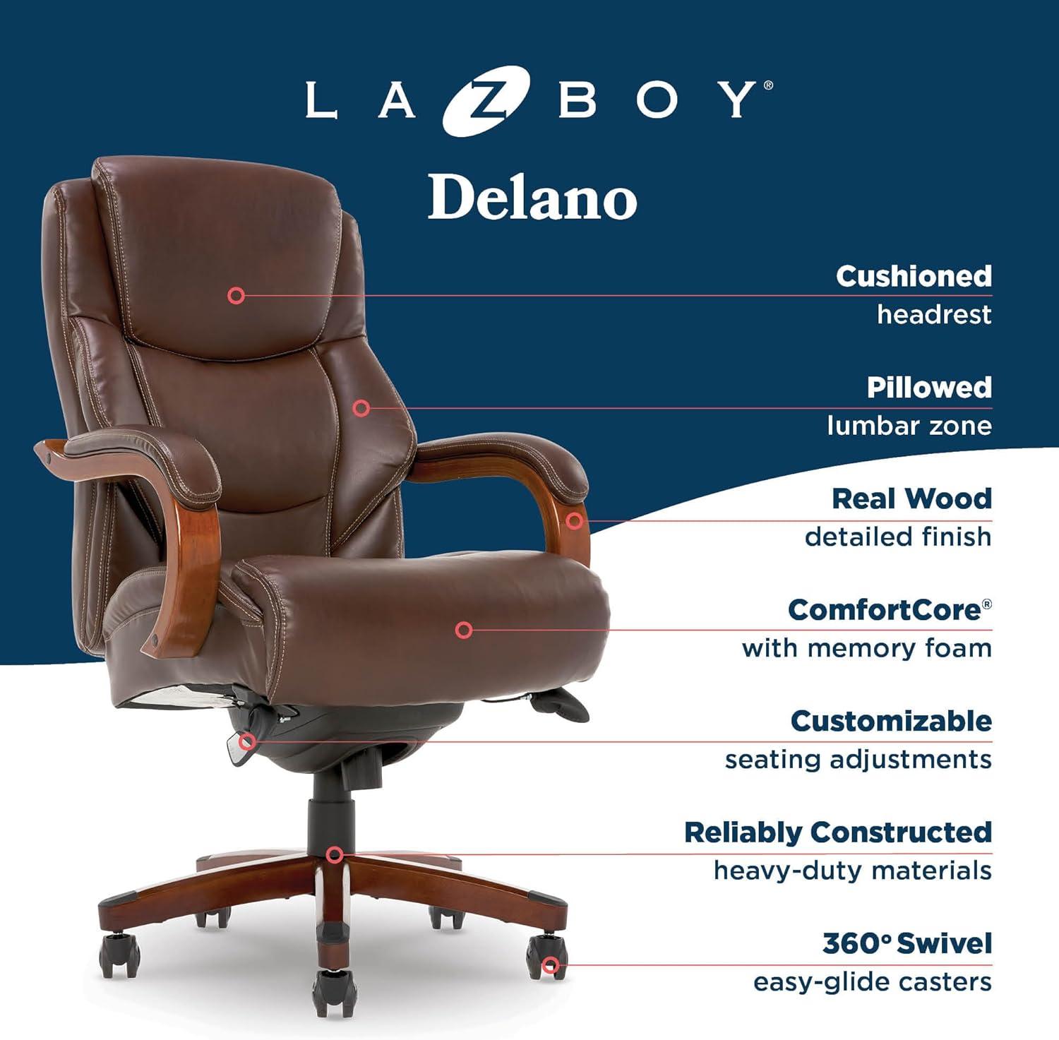 La-Z-Boy La-Z-Boy Delano Big & Tall Executive Office Chair, Ergonomic Mid-Back with Body Pillow Lumbar Support, ComfortCore® with Memory Foam Cushion, Mahogany Wood Arms and Swivel Base, Bonded Leather