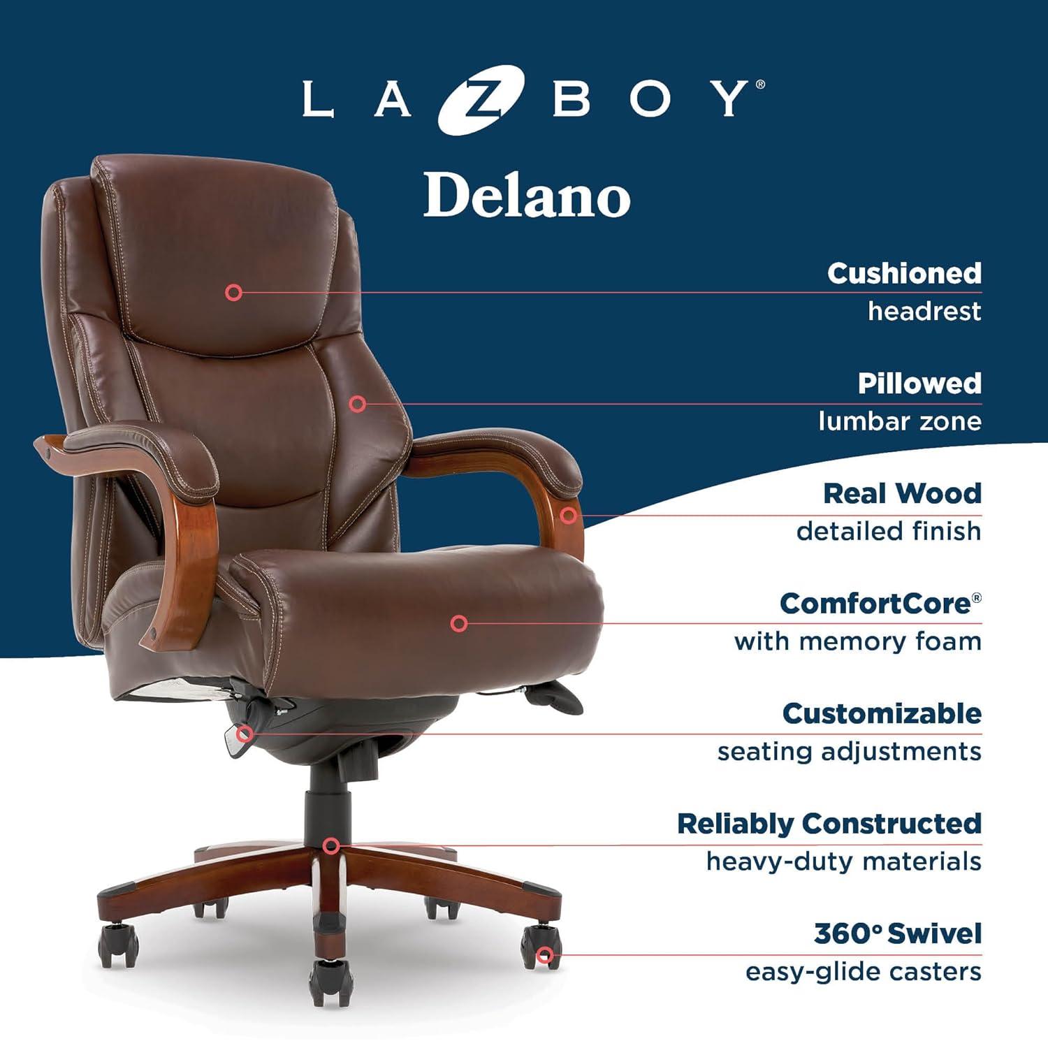 La-Z-Boy La-Z-Boy Delano Big & Tall Executive Office Chair, Ergonomic Mid-Back with Body Pillow Lumbar Support, ComfortCore® with Memory Foam Cushion, Mahogany Wood Arms and Swivel Base, Bonded Leather