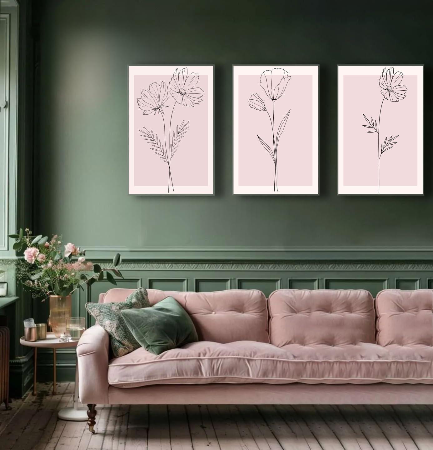 Lark Manor™ 3 Pieces Minimalism Botanical Canvas Wall Art Pink Flowers Line Plants Pictures Wall Decor Posters Print Artwork For Room Living Room Bedroom Bathroom Office Home Decoration