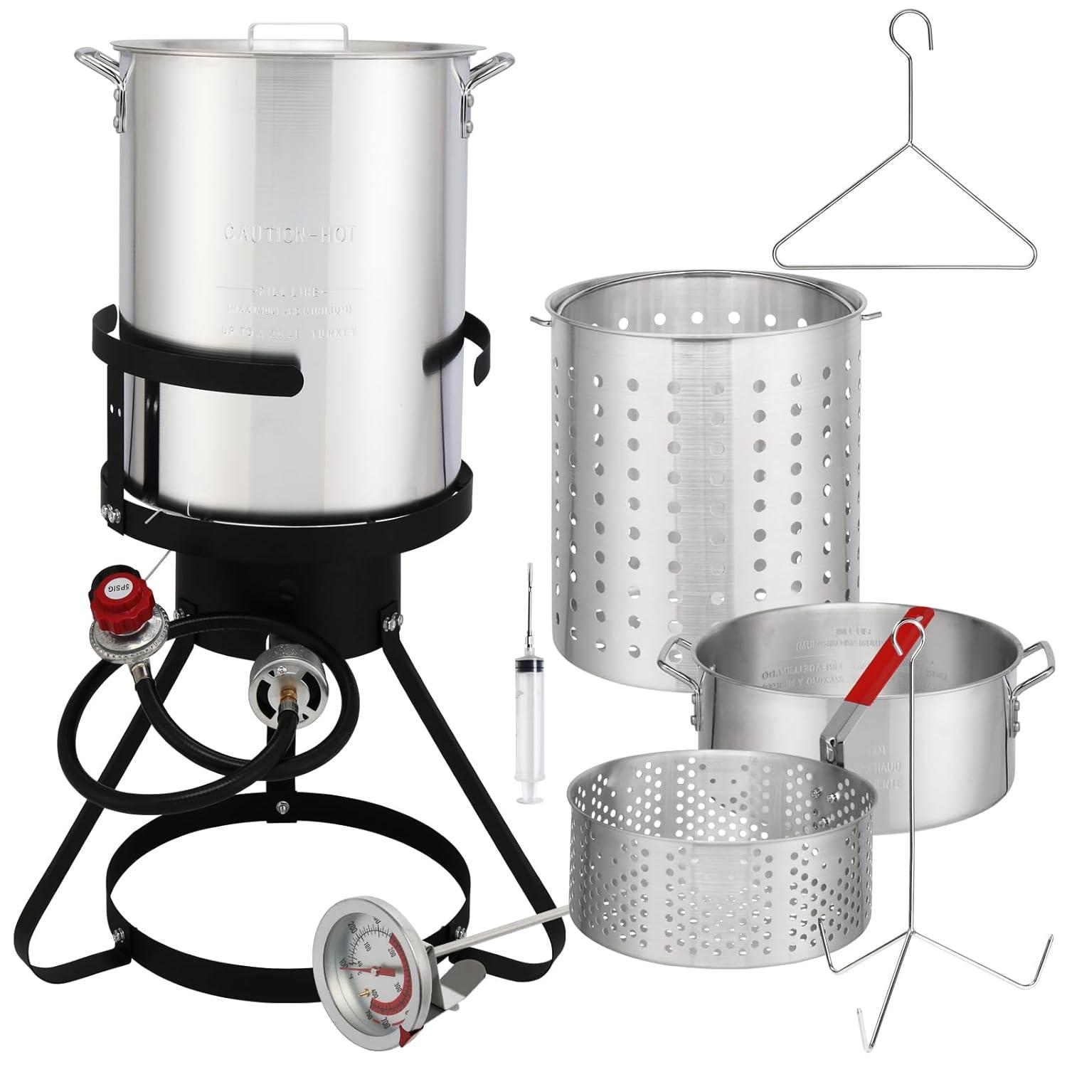 Outvita 30 Qt Turkey Deep Fryer & 10QT Fish Fryer Kit w/Baskets,Aluminum Fish & Seafood Boiler Steamer with 54,000 BTU Propane Gas Burner Stand Injector Thermometer Hose, Ideal for Outdoor Fry