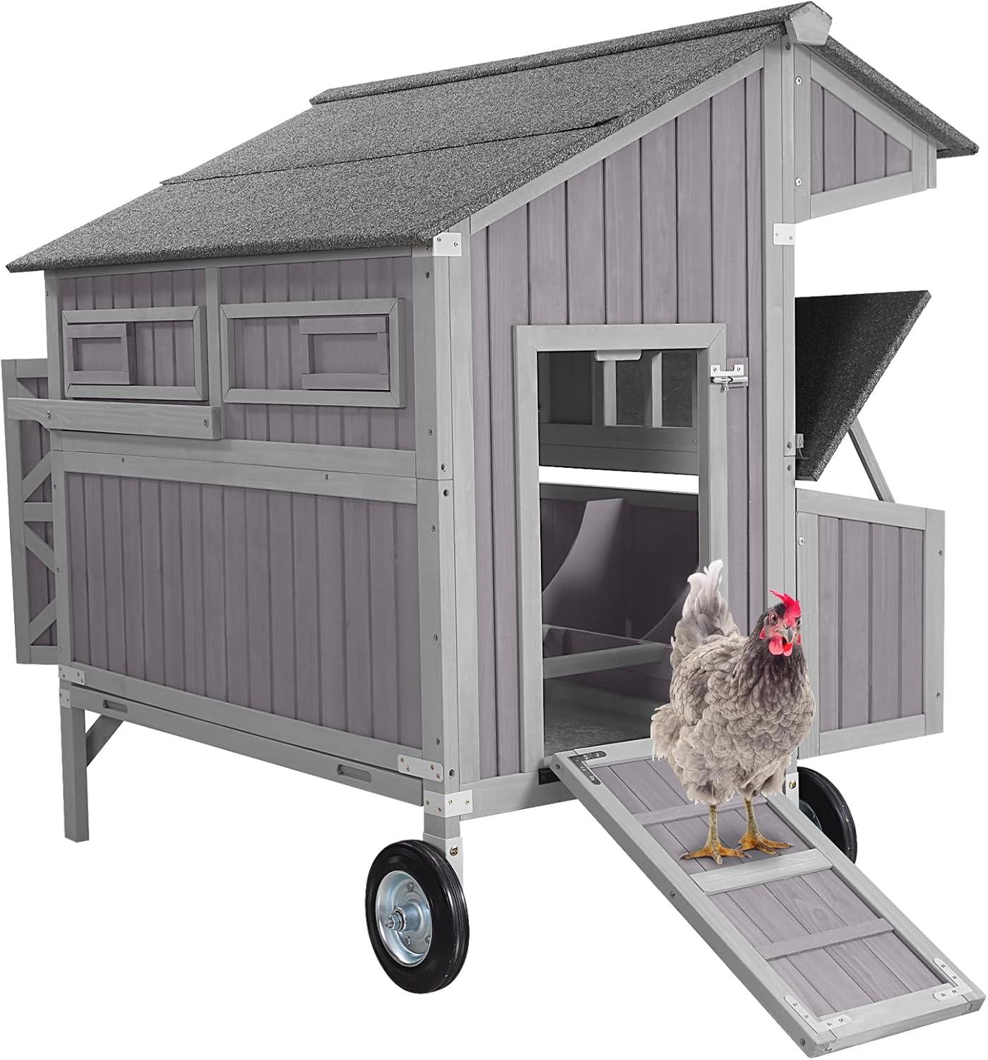 Extra-Large Gray Fir Wood Chicken Coop with Wheels